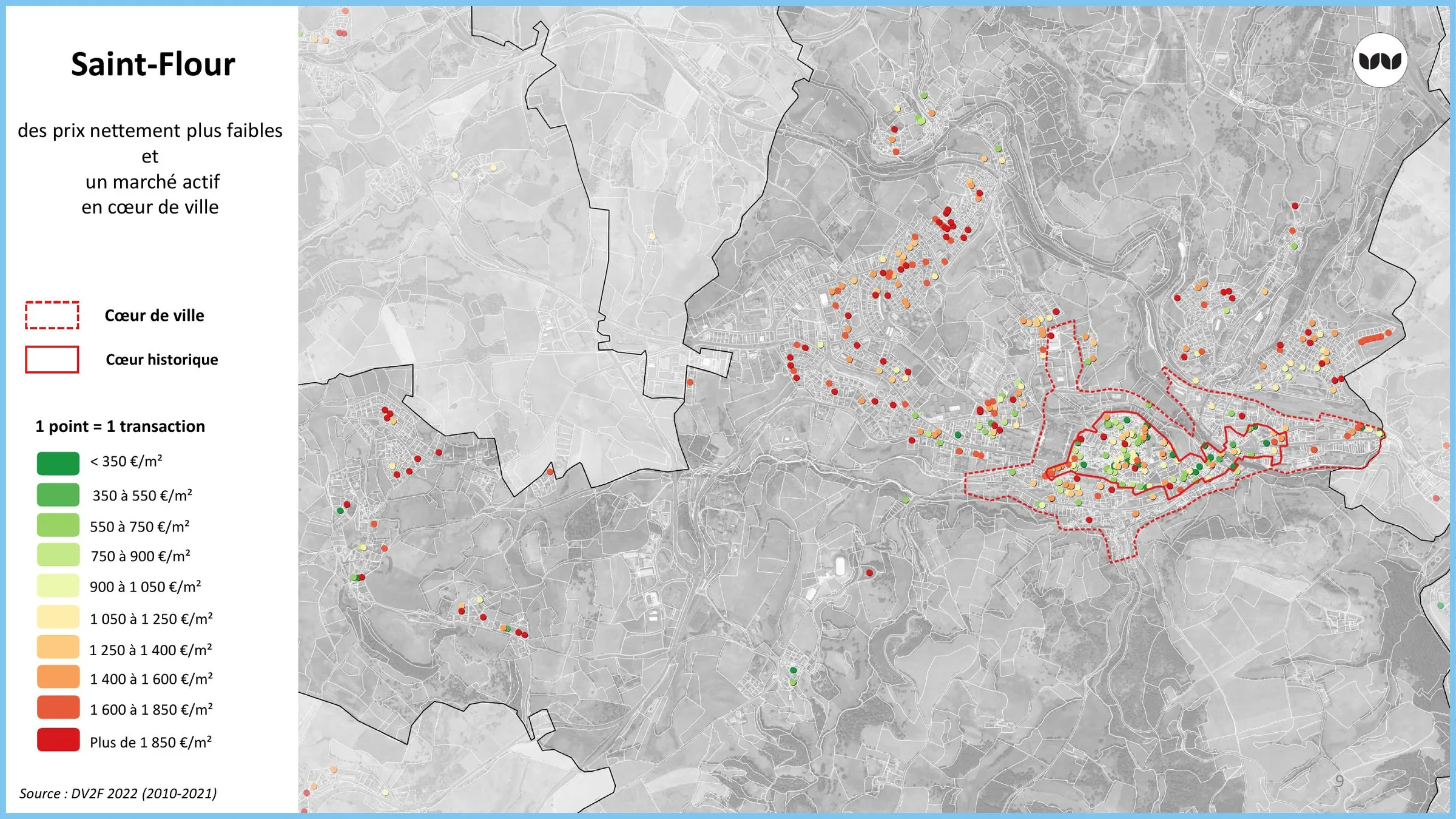 Cartographie des prix de transaction à Saint-Flour, marché actif en cœur de ville