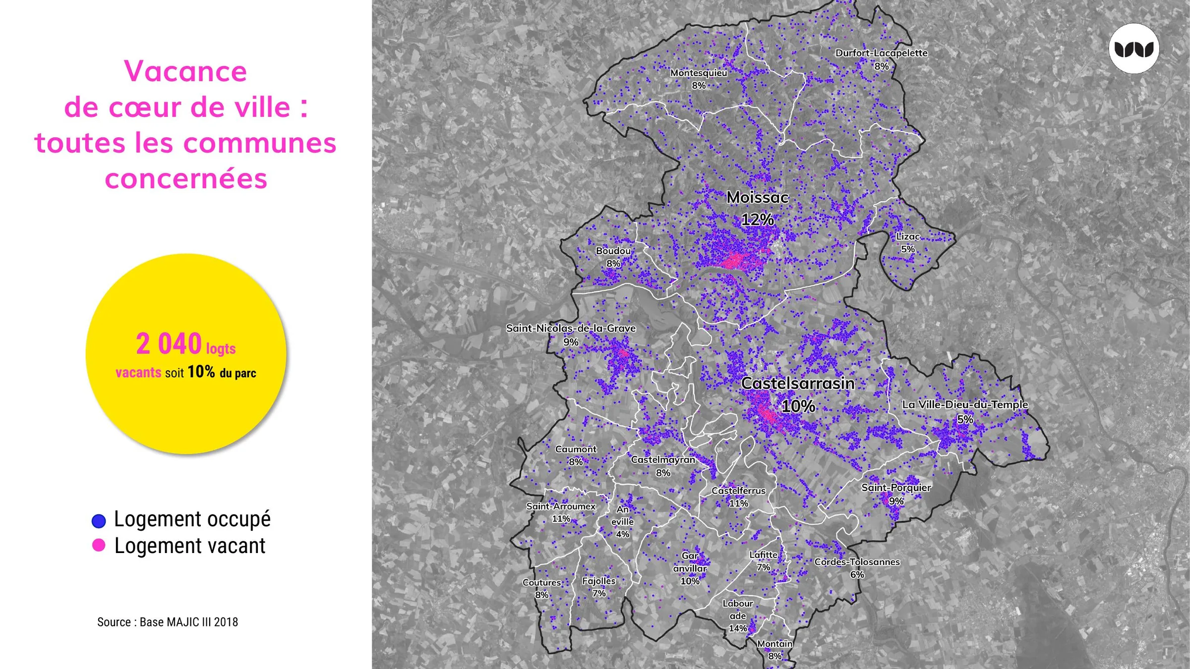 Carte de la vacance de logements par commune, 10 % du parc
