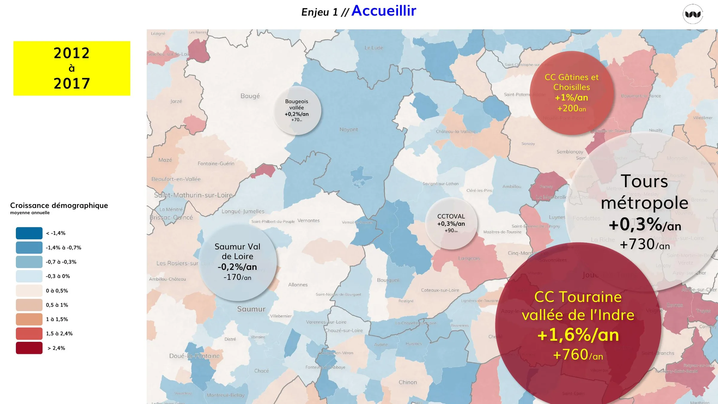 Croissance démographique annuelle moyenne par intercommunalité, 2012-2017