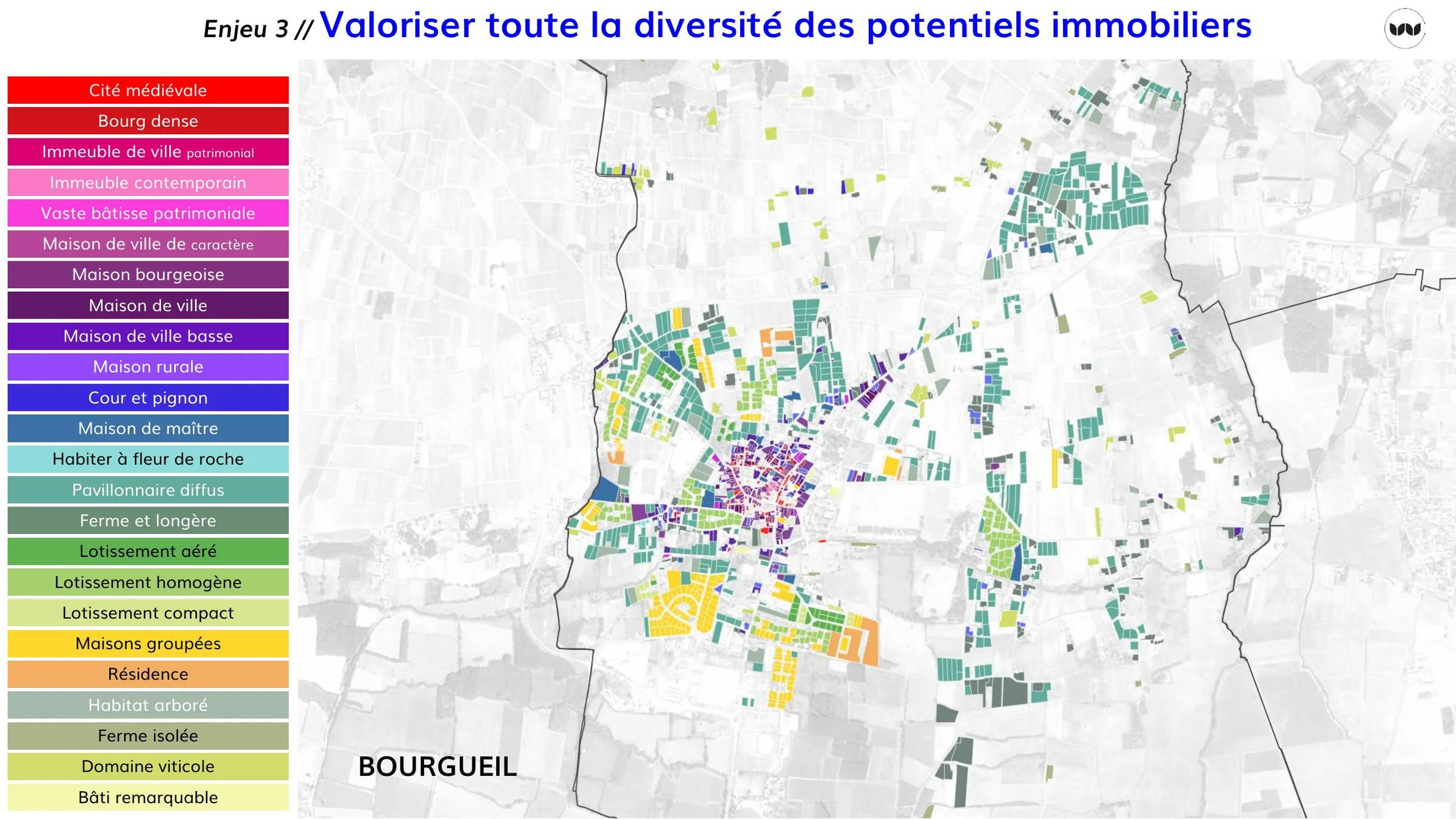 Cartographie des typologies de logements repérées sur la commune de Bourgueil