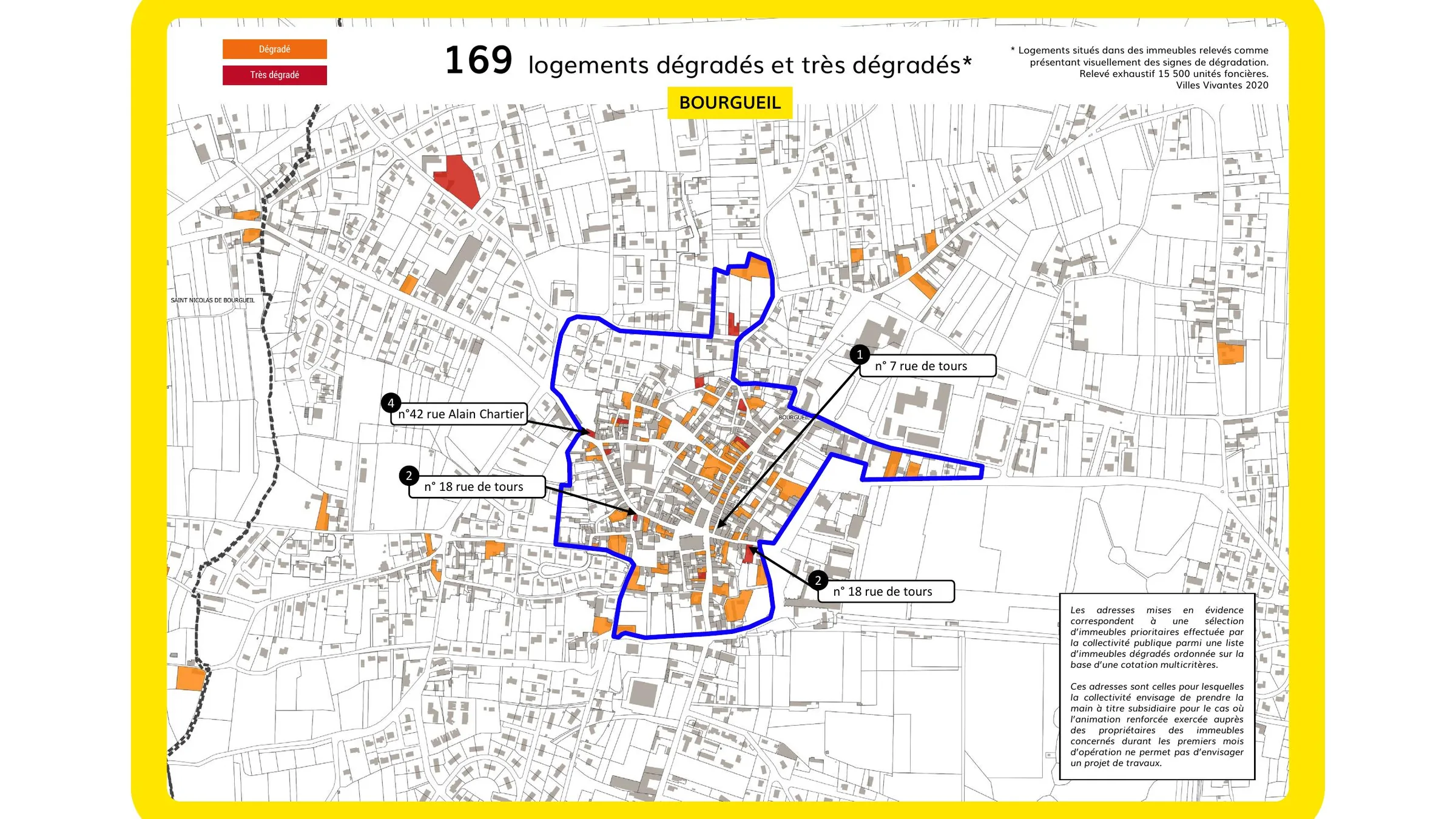 Localisation des 169 logements dégradés et très dégradés repérés à Bourgueil