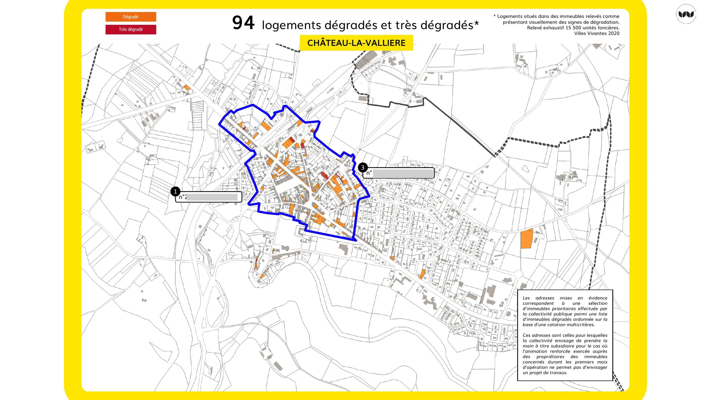 Localisation des 94 logements dégradés et très dégradés repérés à Château-la-Vallière