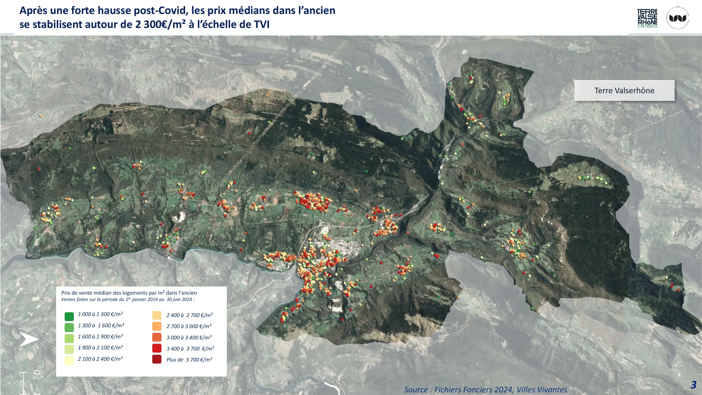 Prix de vente médian par m² selon les secteurs de Terre Valserhône.