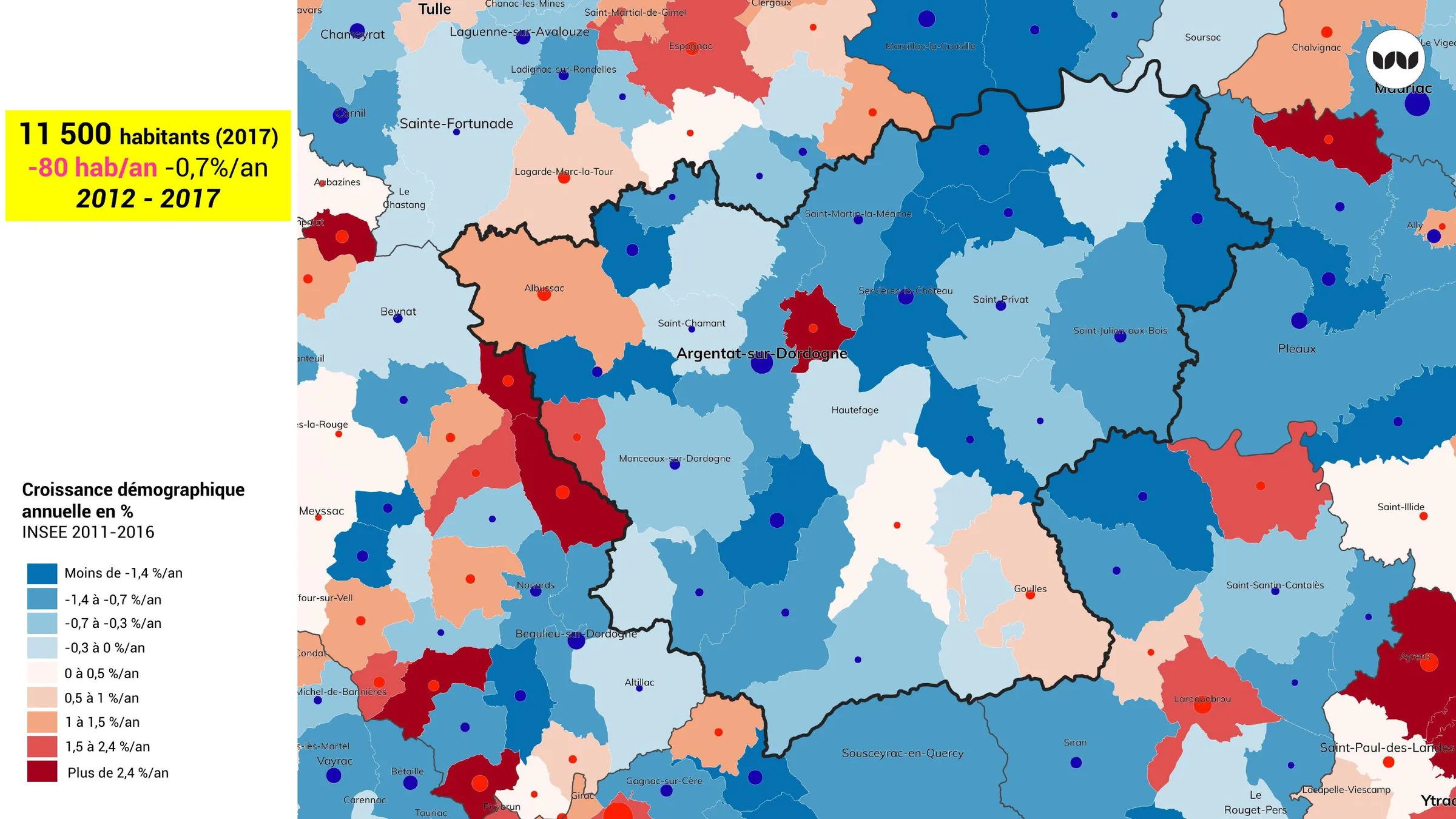Croissance démographique annuelle par commune, 2011-2016 (INSEE).