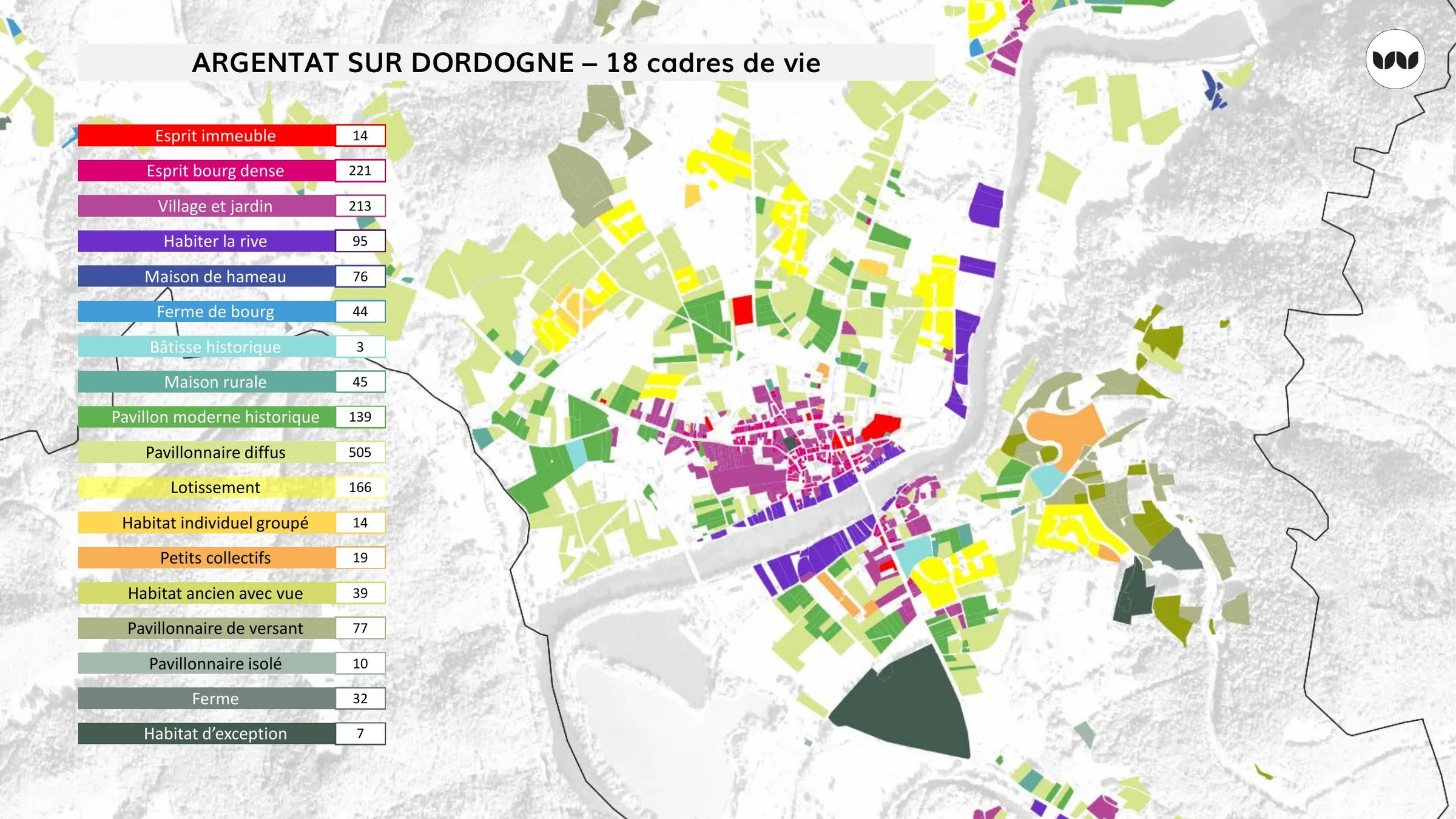 Cartographie des dix-huit cadres de vie identifiés à Argentat-sur-Dordogne.