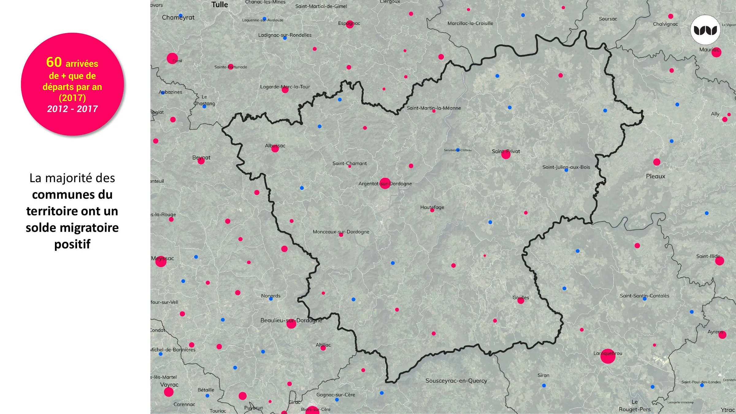Solde migratoire communal : majorité de communes attractives, 2012-2017.