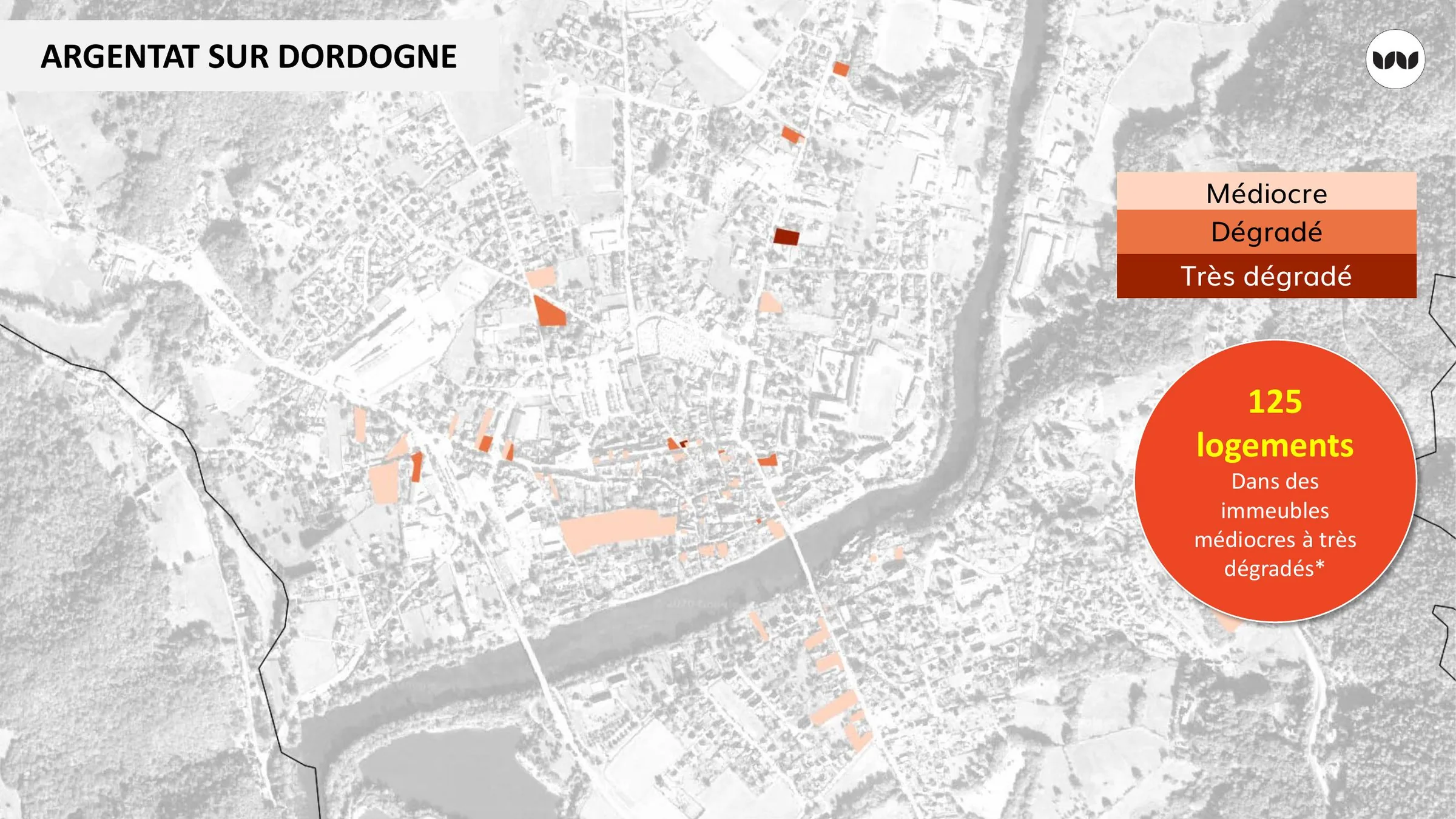 Localisation des immeubles médiocres à très dégradés à Argentat-sur-Dordogne.