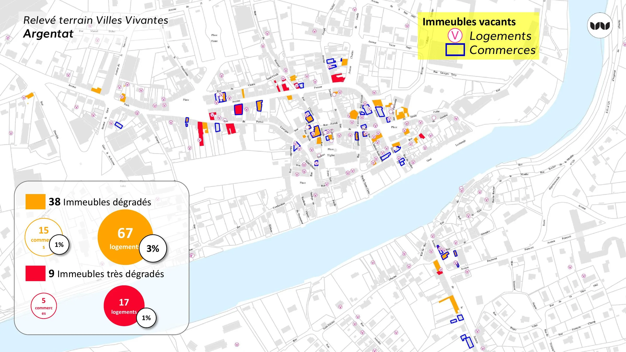 Immeubles vacants et dégradés recensés à Argentat par relevé de terrain.