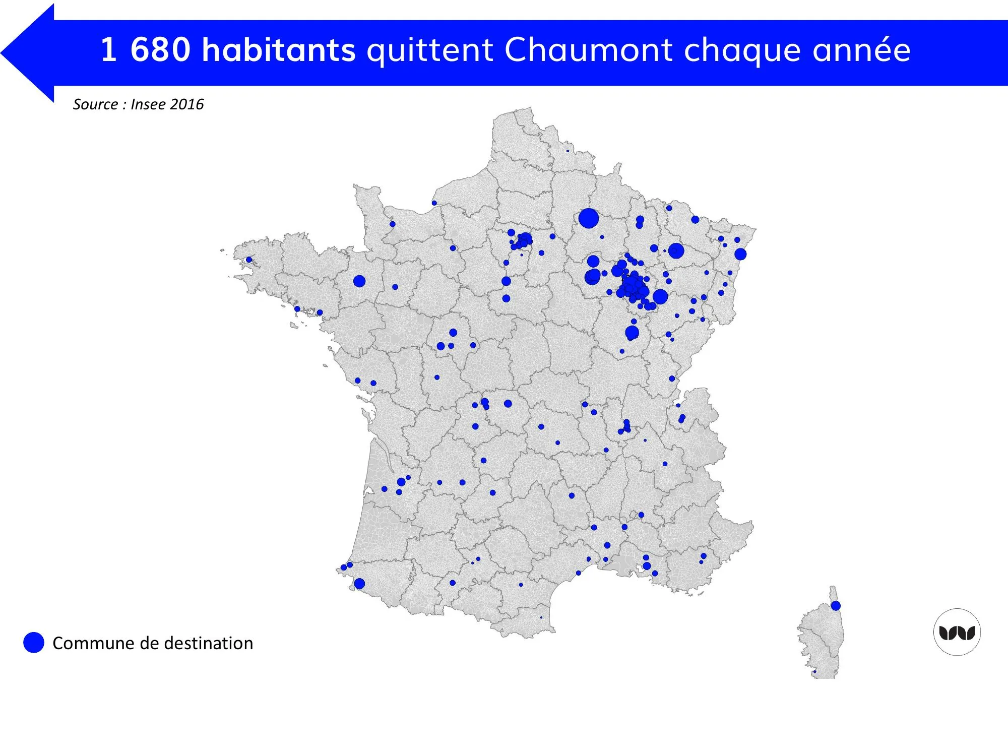 Carte des communes de destination des habitants quittant Chaumont