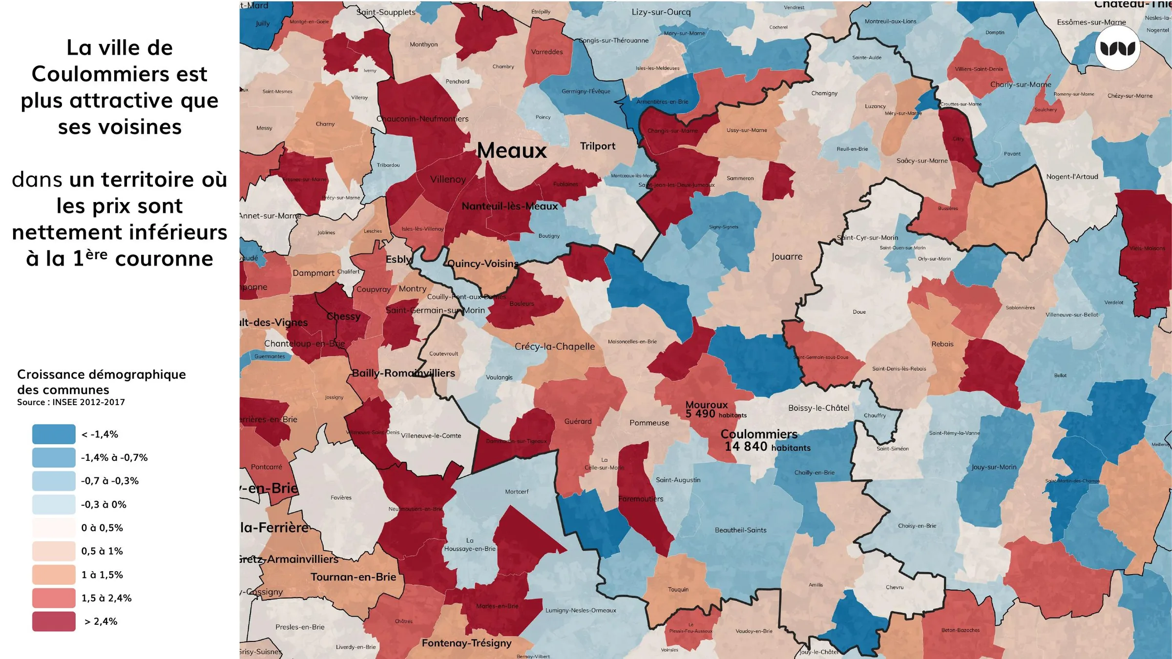 Croissance démographique des communes entre 2012 et 2017 autour de Coulommiers