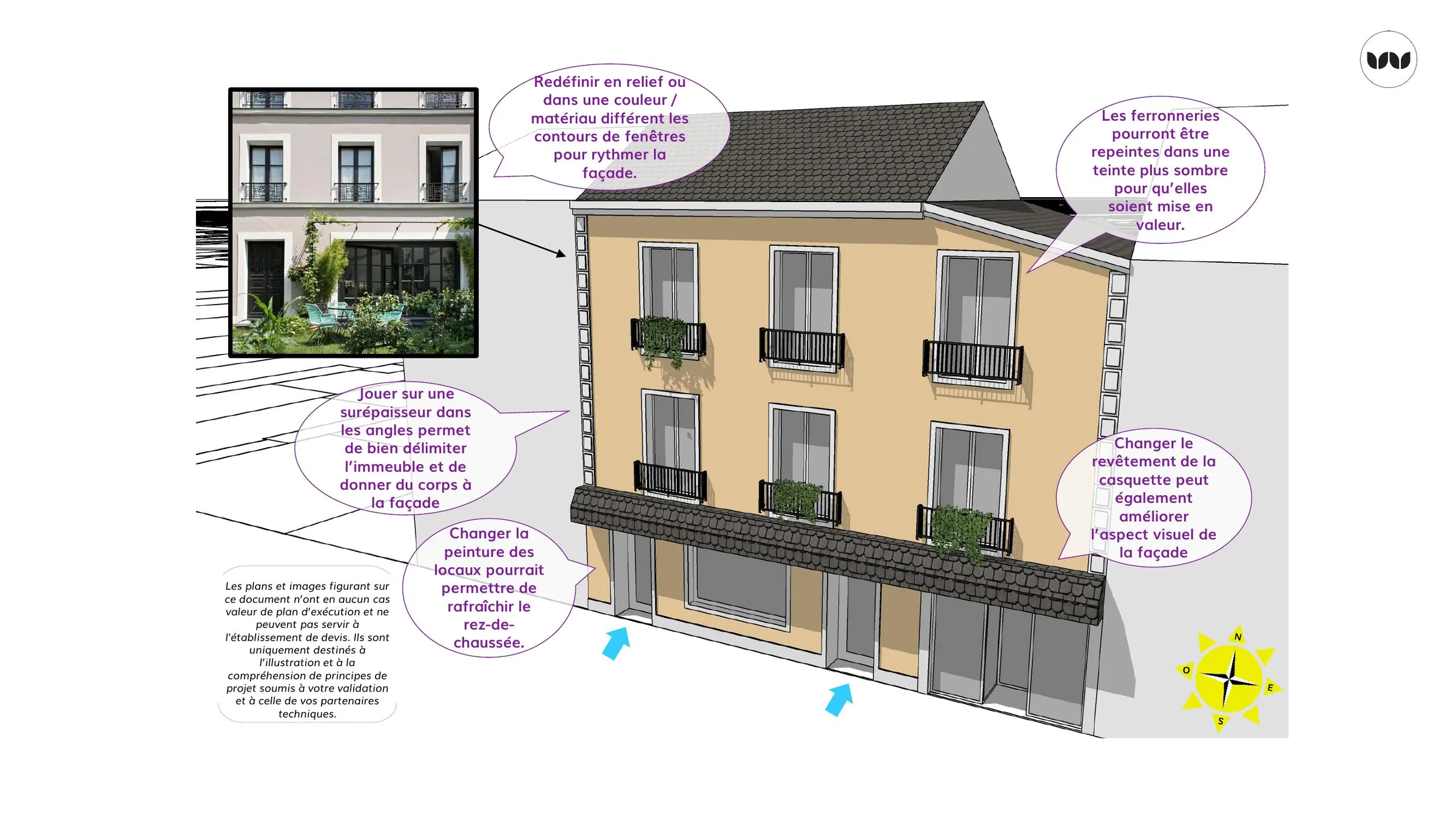 Propositions de valorisation de façade sur un immeuble de ville : ferronneries, fenêtres et rez-de-chaussée
