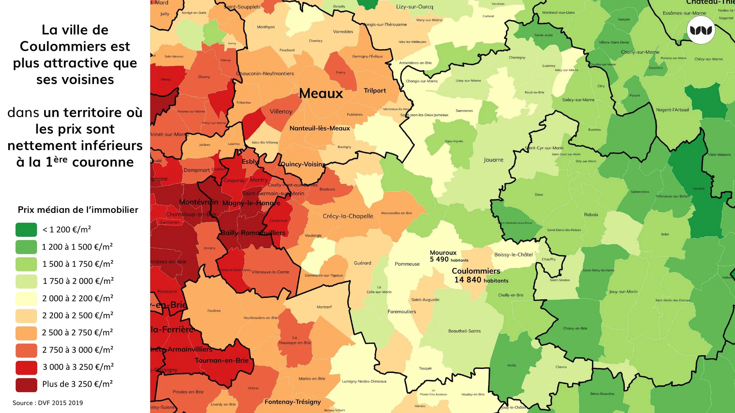 Prix médian de l'immobilier autour de Coulommiers, des niveaux inférieurs à la 1ère couronne parisienne
