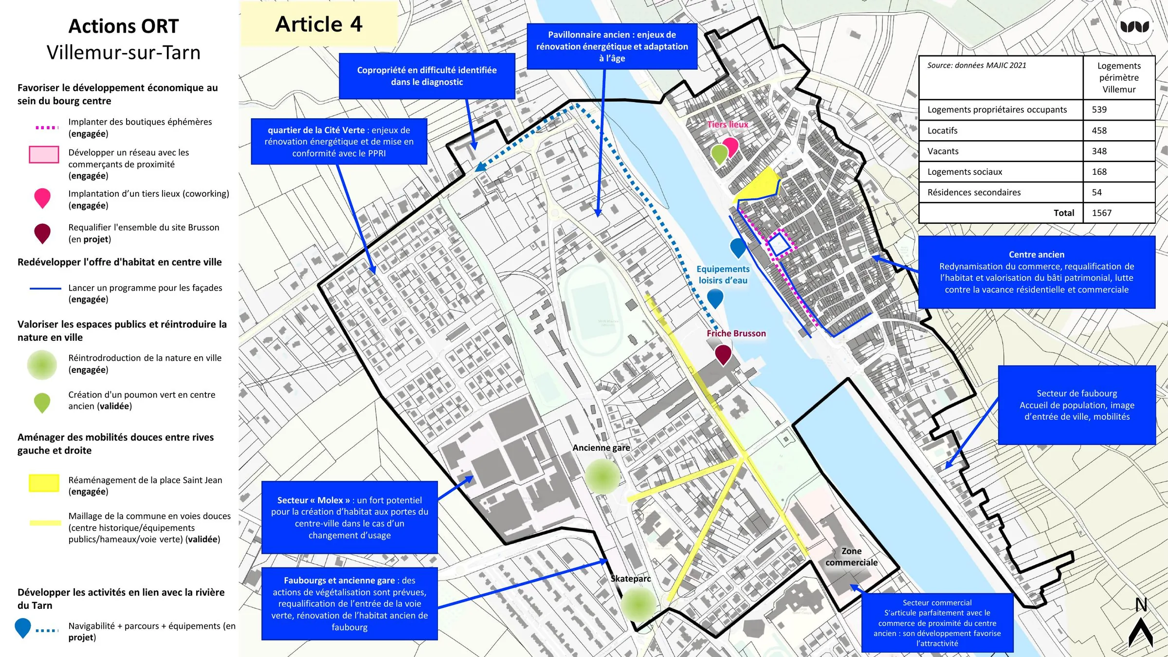 Carte des actions ORT et des secteurs à enjeux du périmètre