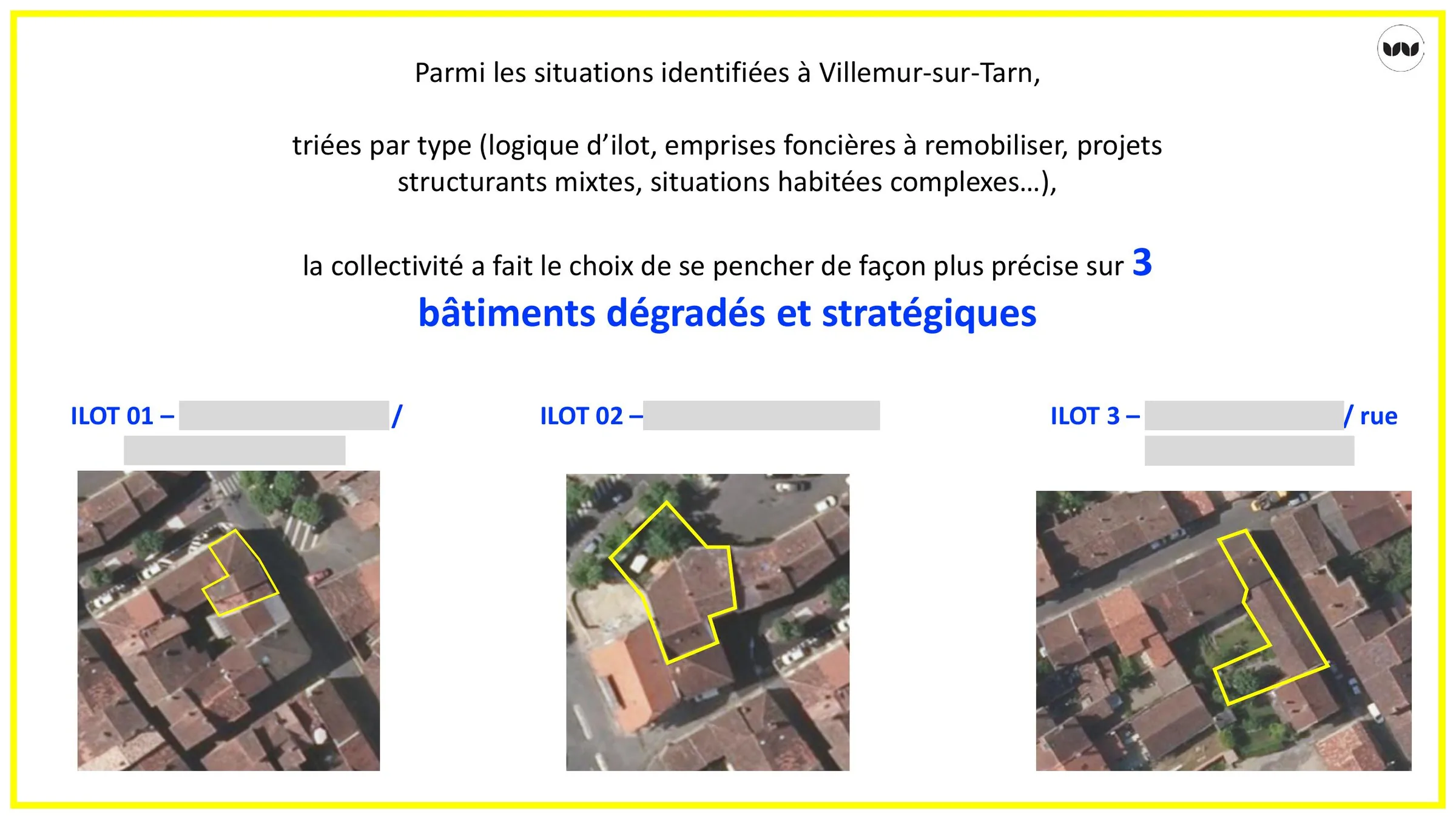 Localisation des trois îlots dégradés retenus pour étude approfondie