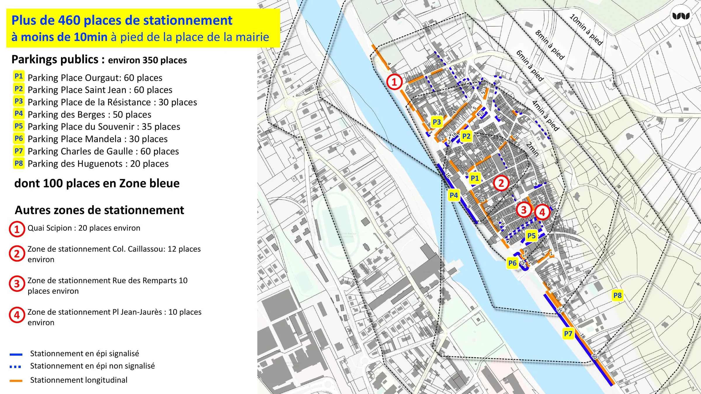 Carte des capacités de stationnement à moins de 10 minutes du centre