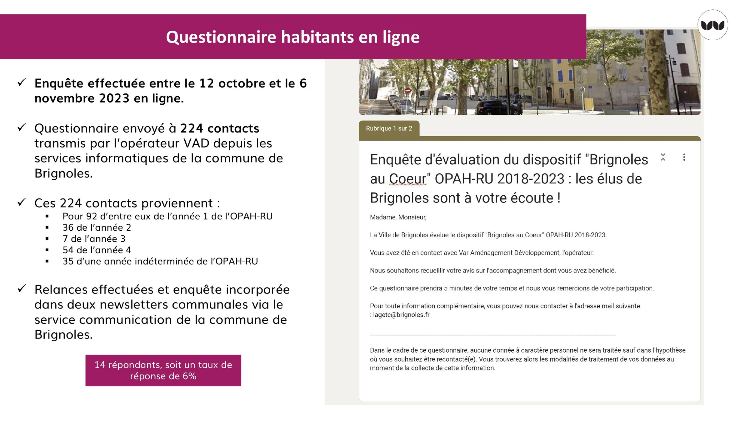 Modalités et déroulement du questionnaire habitants en ligne