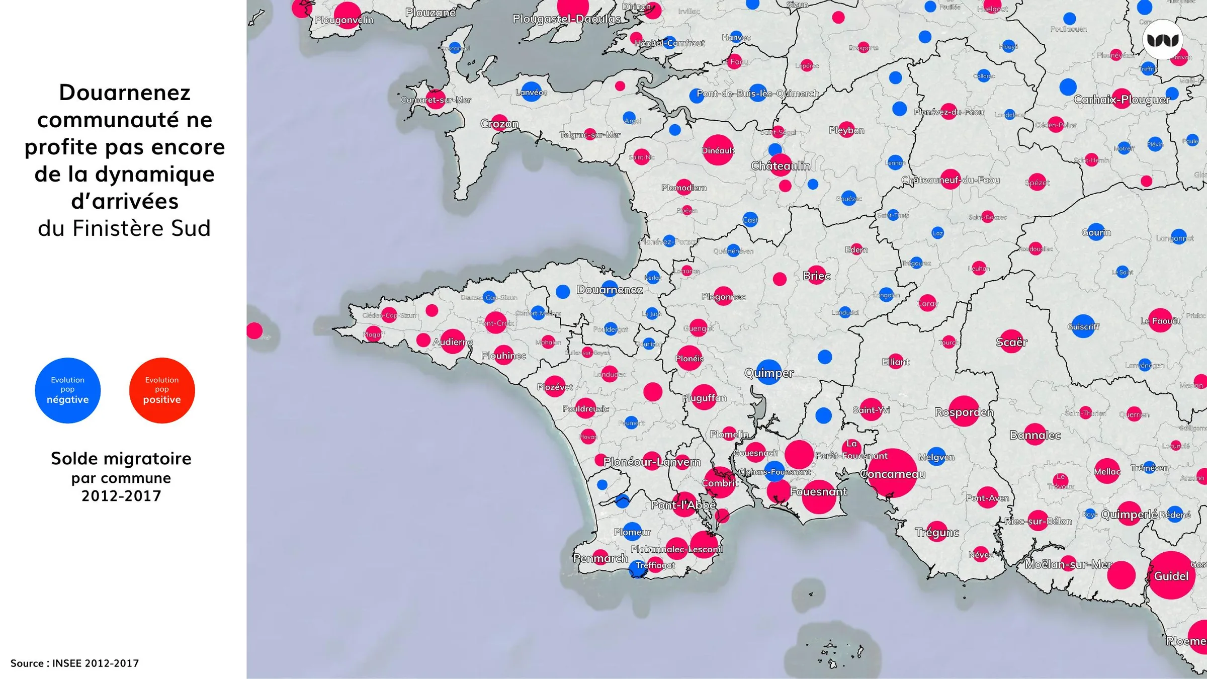 Solde migratoire par commune 2012-2017 : Douarnenez en retrait du Finistère Sud