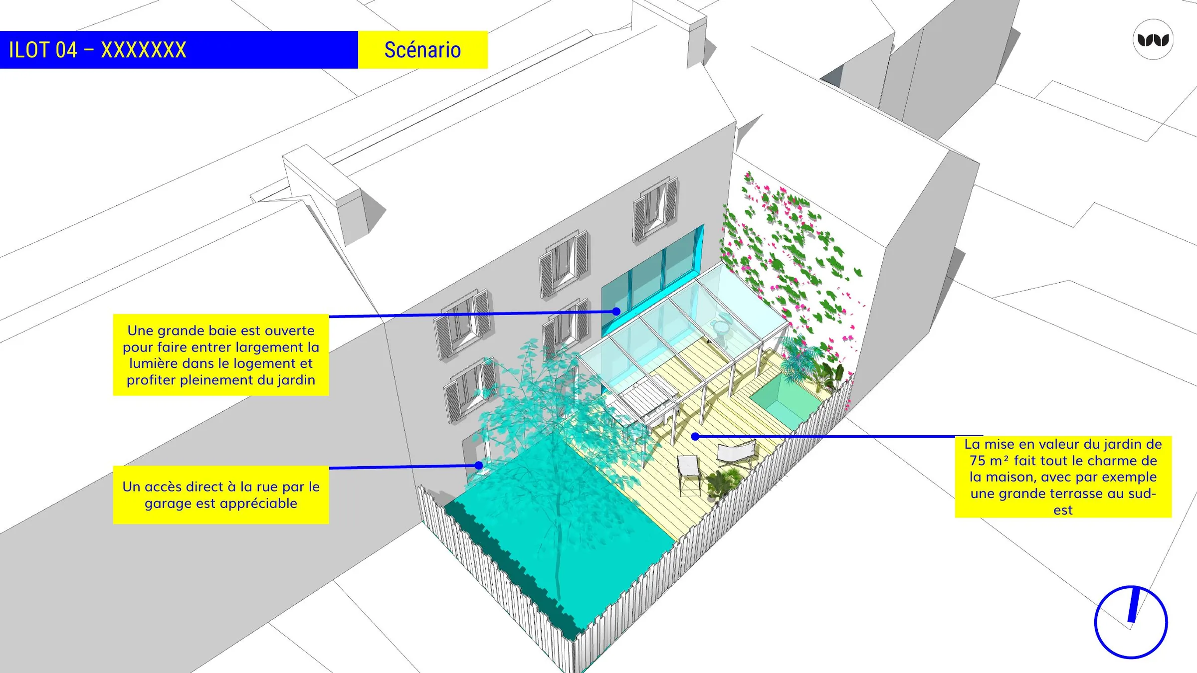 Scénario de réaménagement d'un jardin et d'une extension vitrée, îlot 04