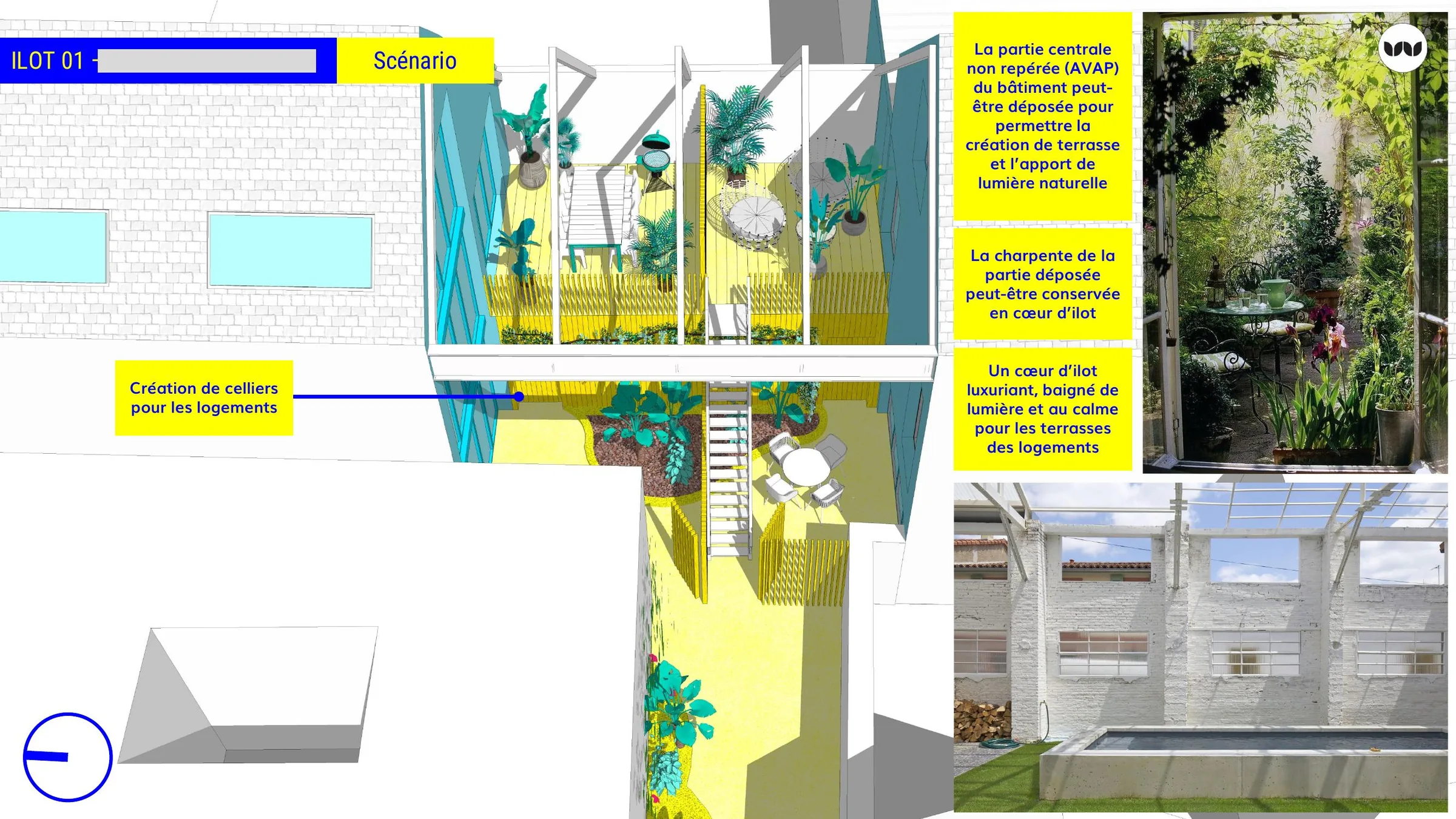 Scénario de valorisation d'un cœur d'îlot et création de terrasses, îlot 01