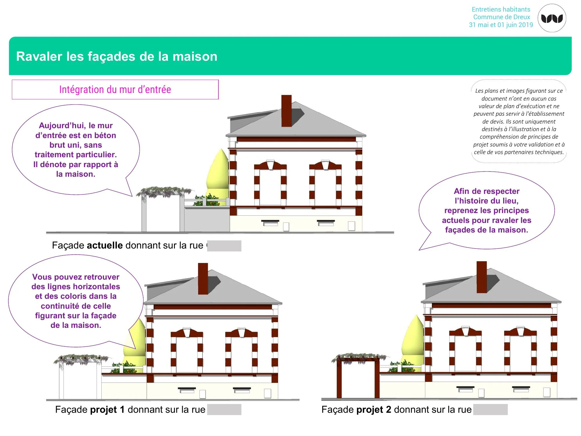 Deux hypothèses de ravalement de façade avec intégration du mur d'entrée