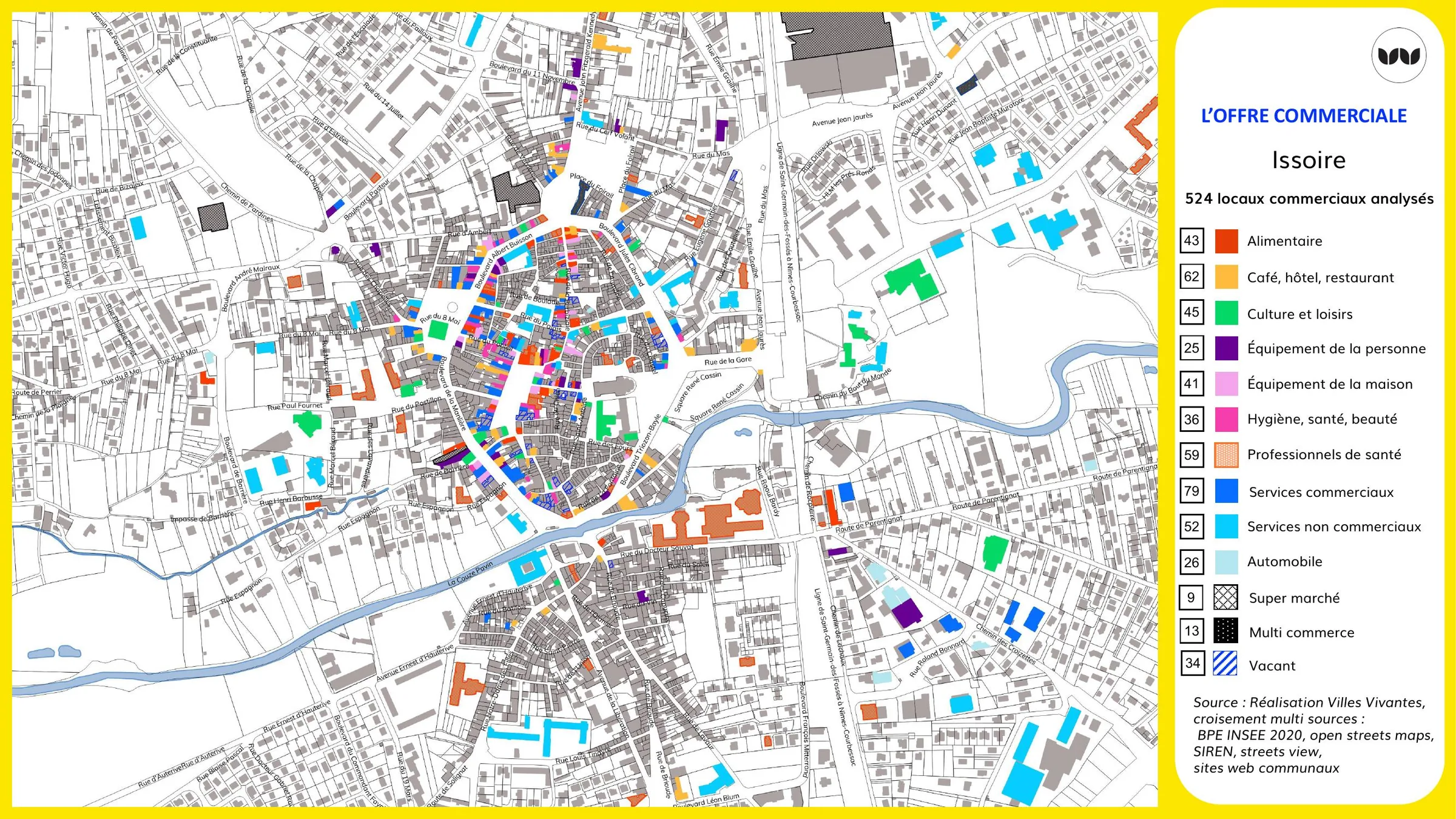 Répartition des 524 locaux commerciaux du centre-ville par type d'activité