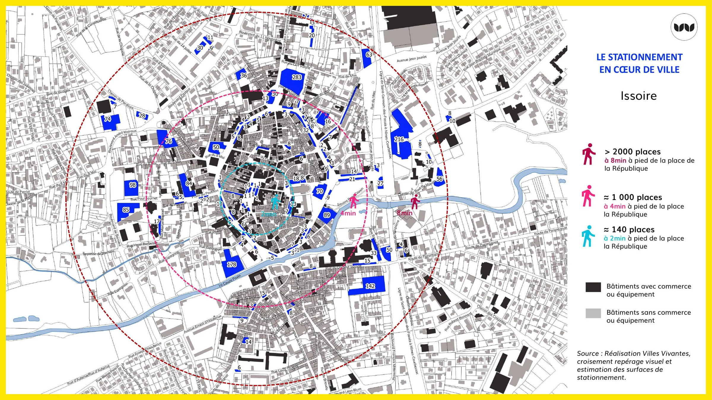 Répartition des places de stationnement selon la distance à pied à la place de la République