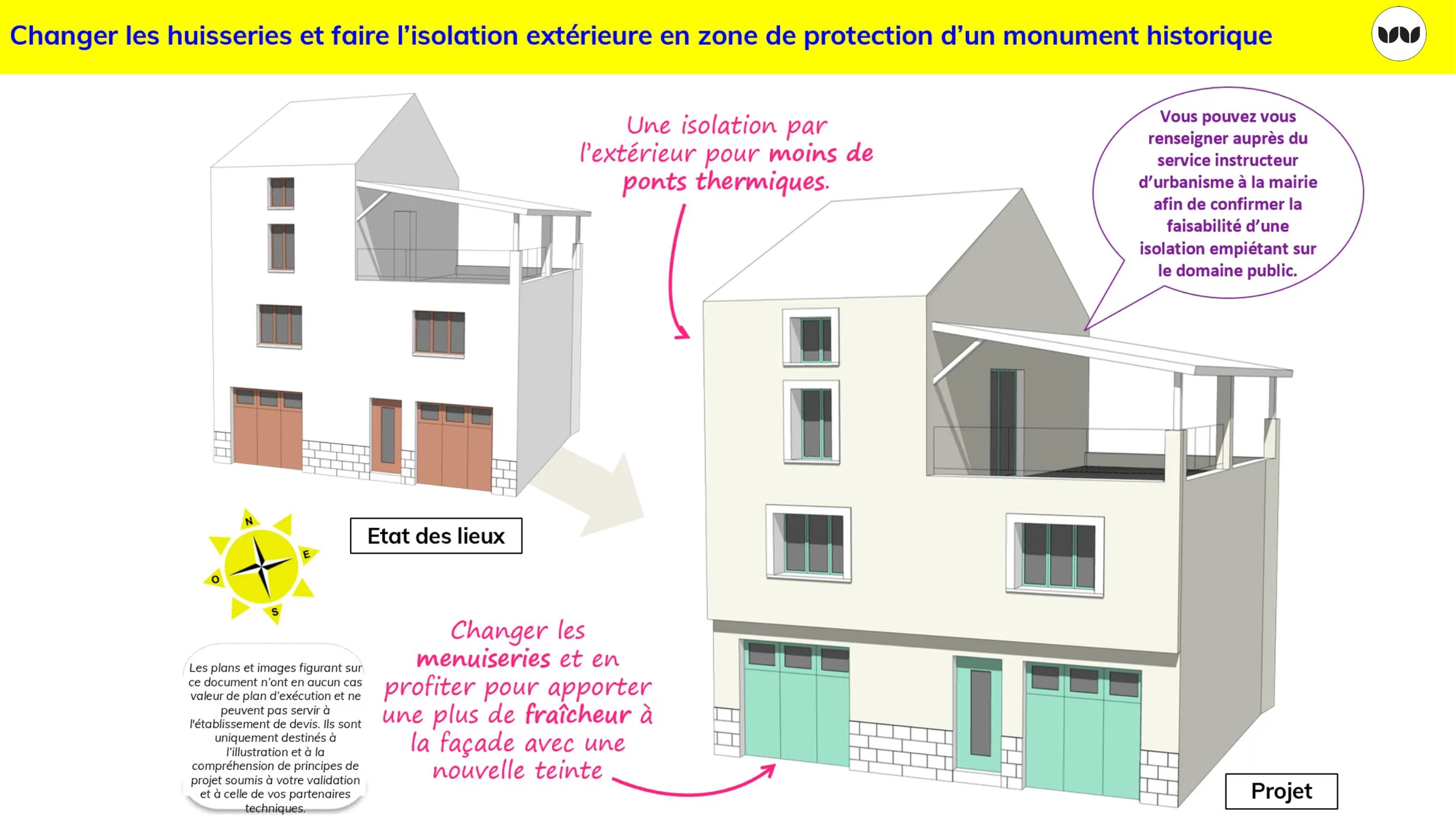 Principe d'isolation extérieure et de changement des menuiseries en secteur protégé