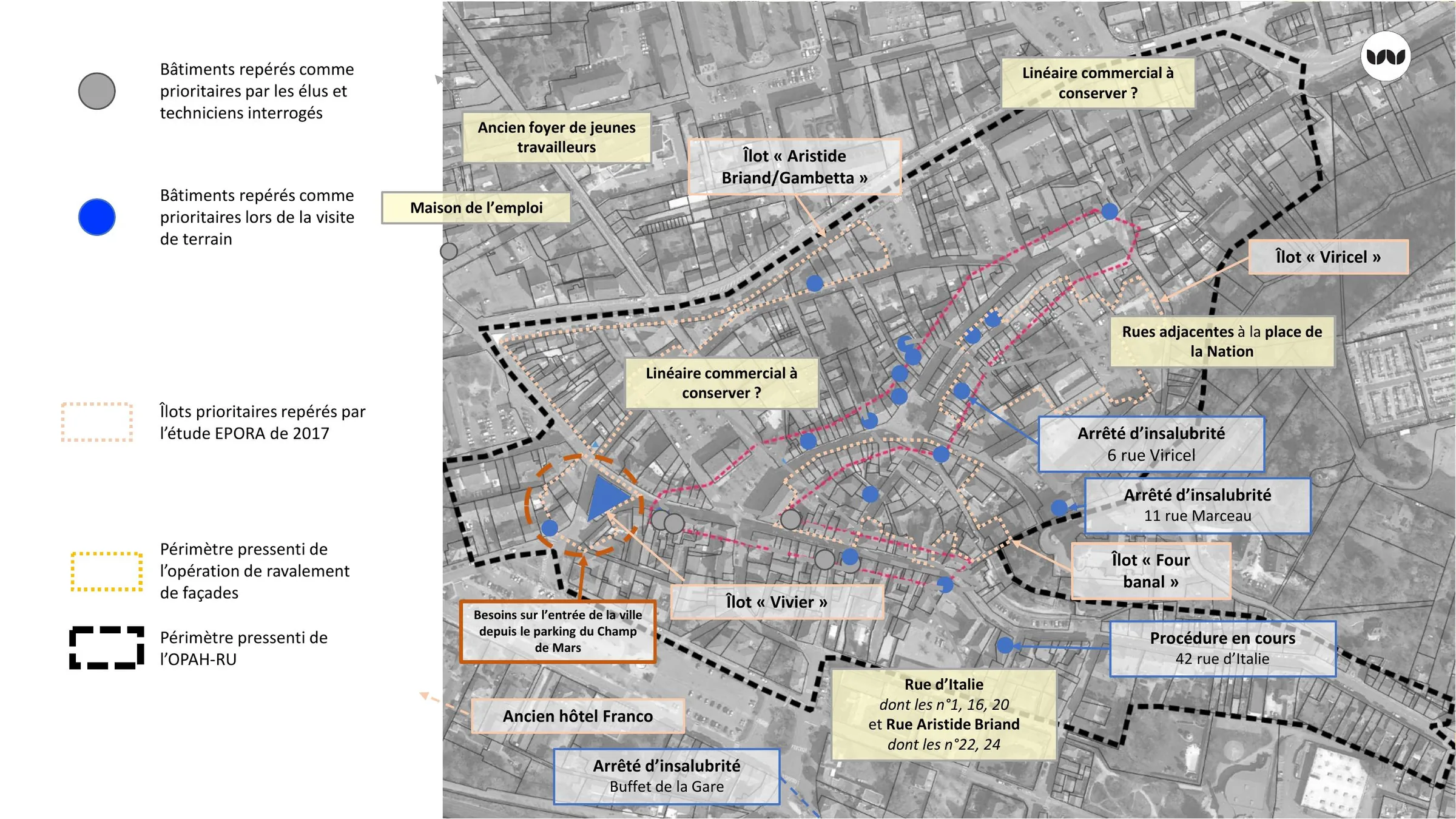 Périmètres pressentis de l'OPAH-RU et îlots prioritaires du centre ancien
