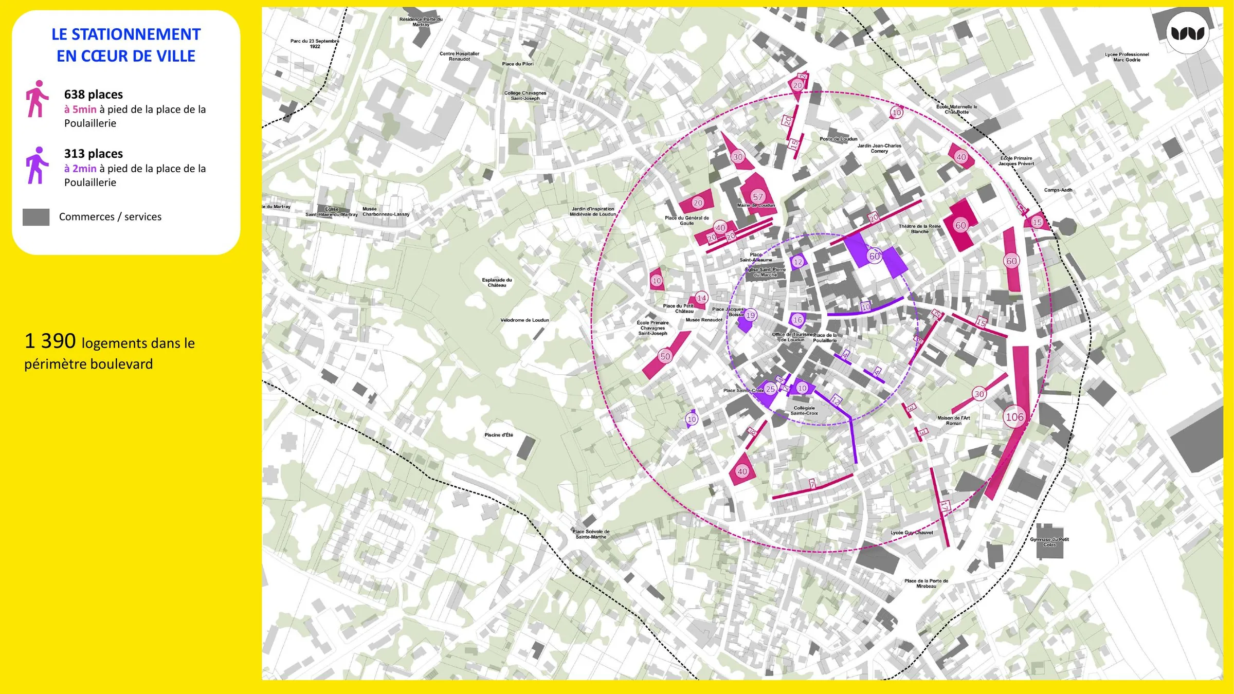 Temps d'accès piéton aux places de stationnement depuis la place de la Poulaillerie