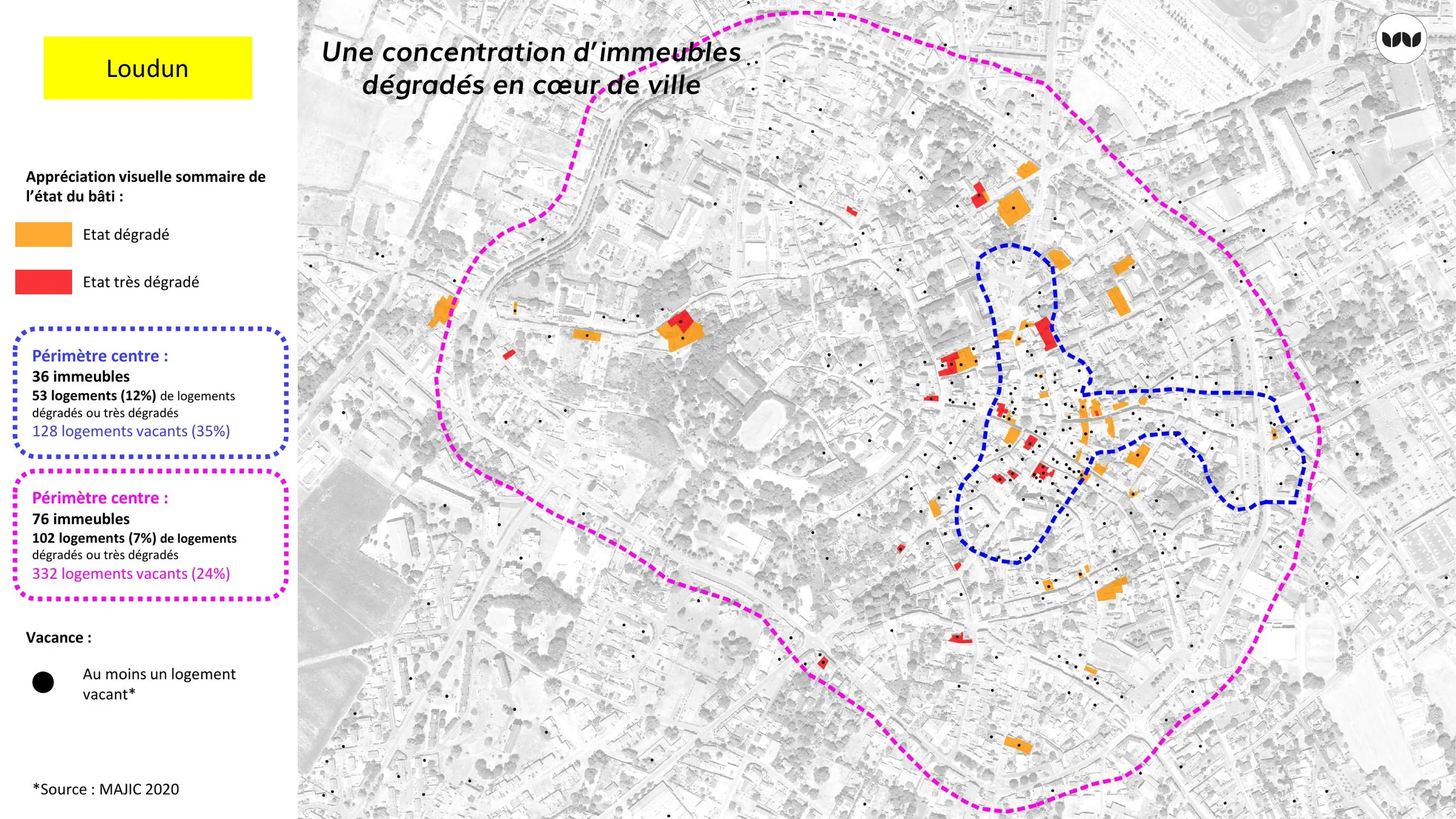 Concentration des immeubles dégradés et de la vacance en cœur historique
