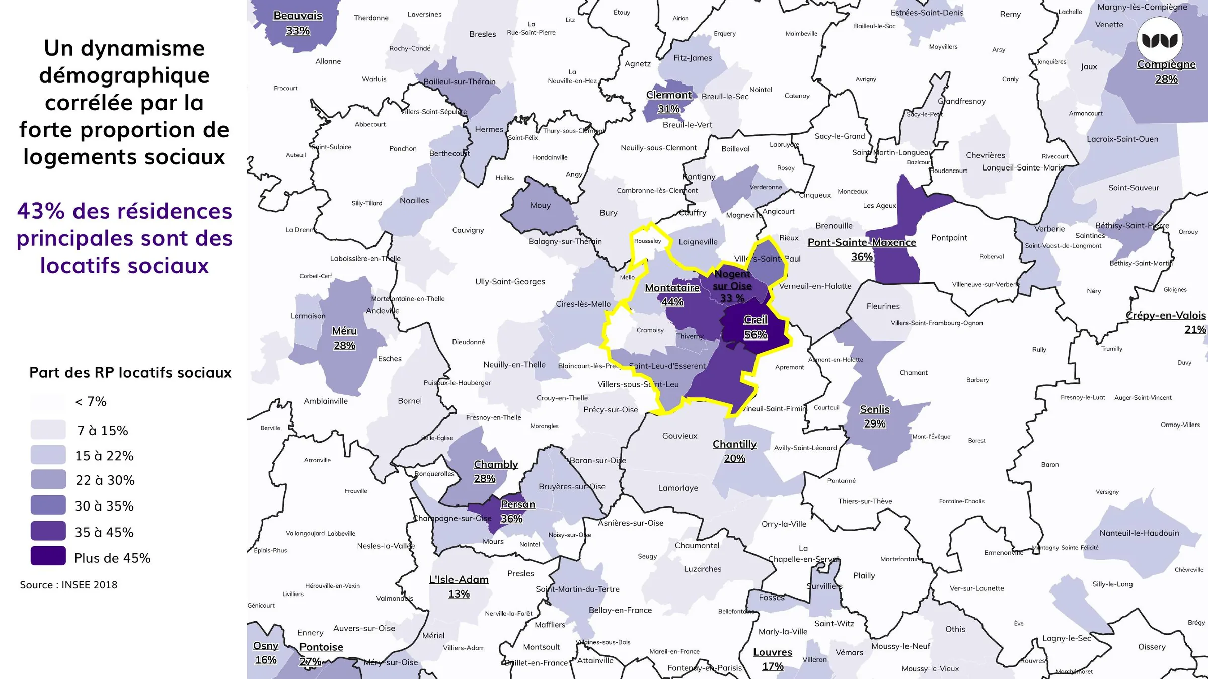 Part des logements sociaux, de 33 % à 55 % selon les communes