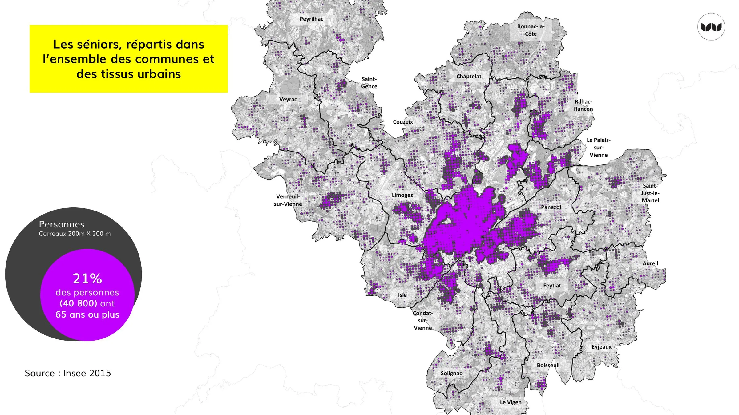 Répartition des 65 ans et plus par carreaux de 200 m sur la métropole