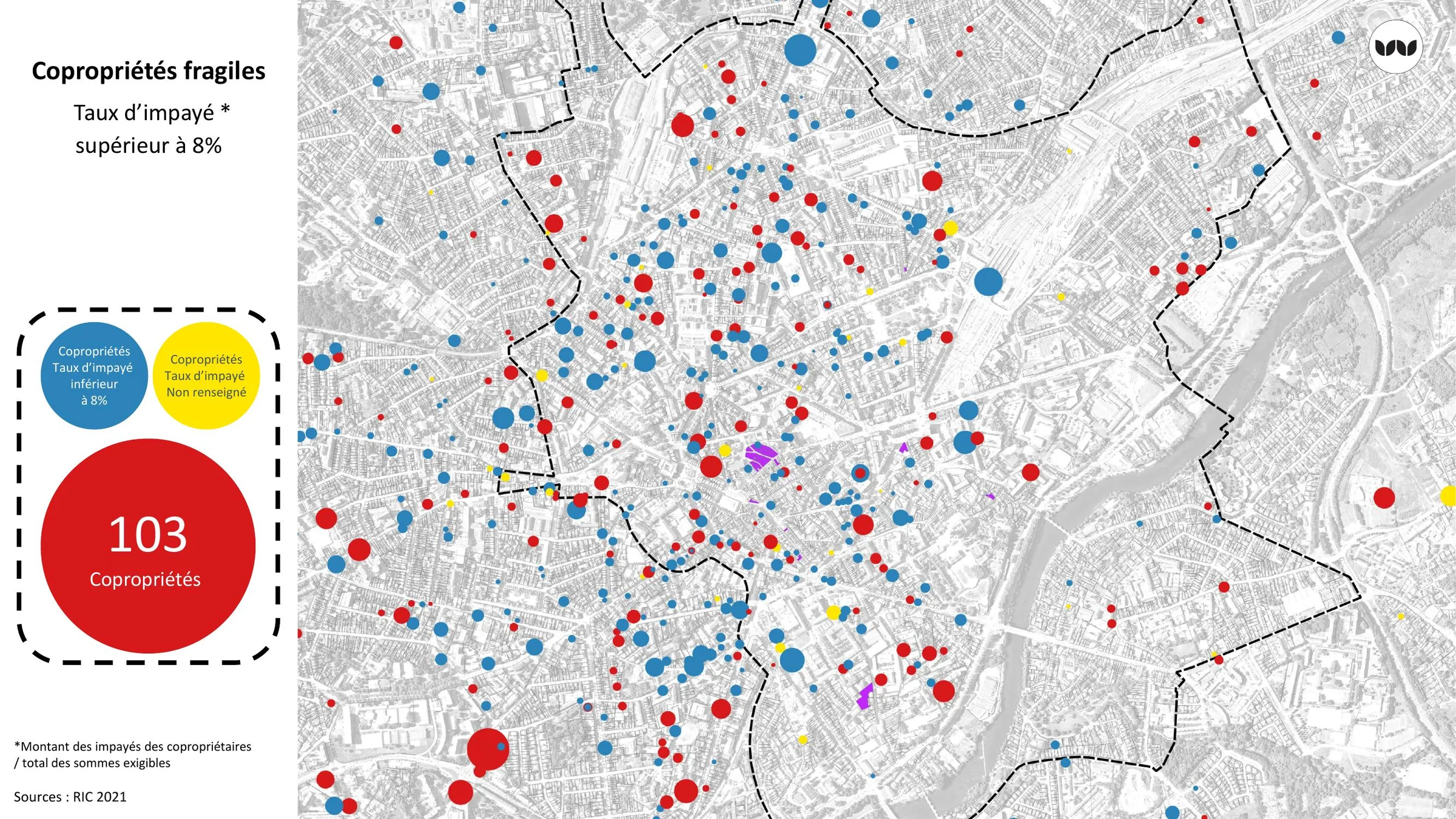 Localisation des copropriétés fragiles par taux d'impayé