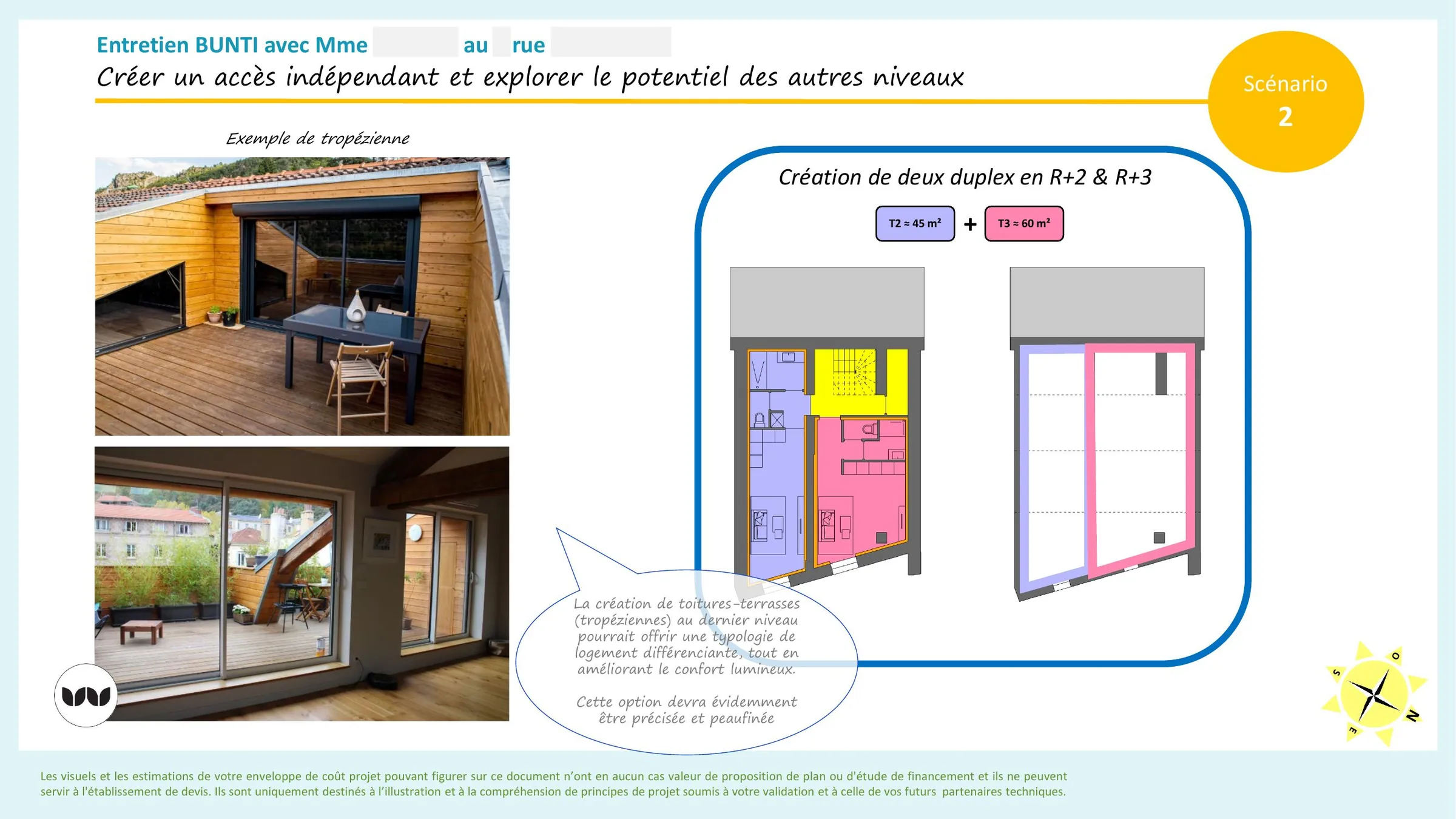 Scénario 2 : création de deux duplex avec toitures-terrasses en R+2 et R+3.