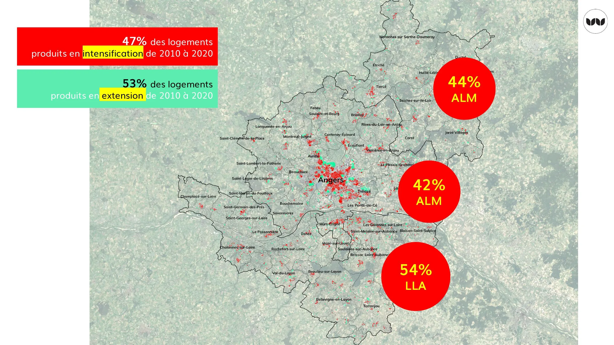 Part des logements produits en intensification et en extension par intercommunalité, 2010-2020