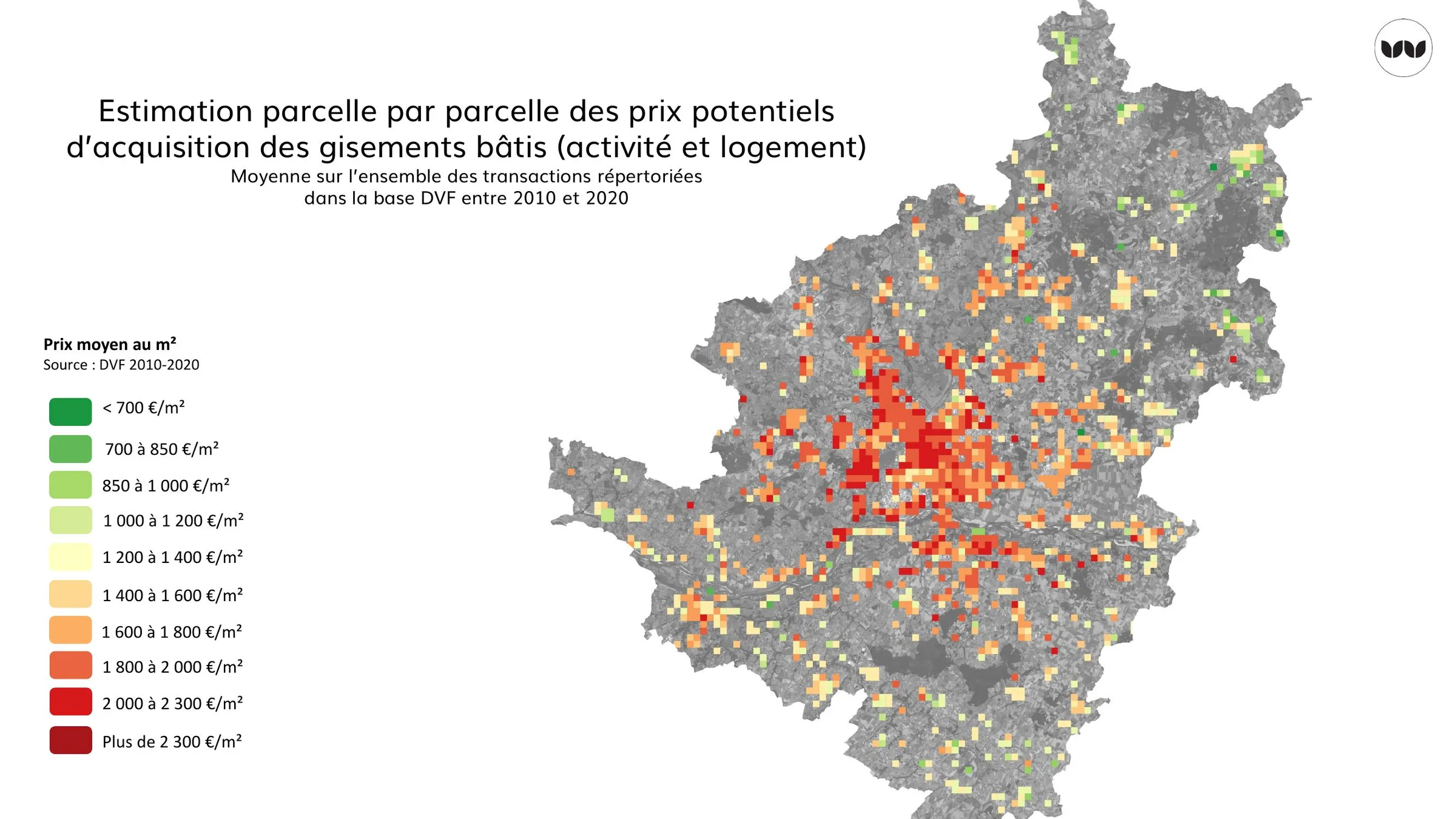 Prix moyen d'acquisition au m² des gisements bâtis, moyenne 2010-2020