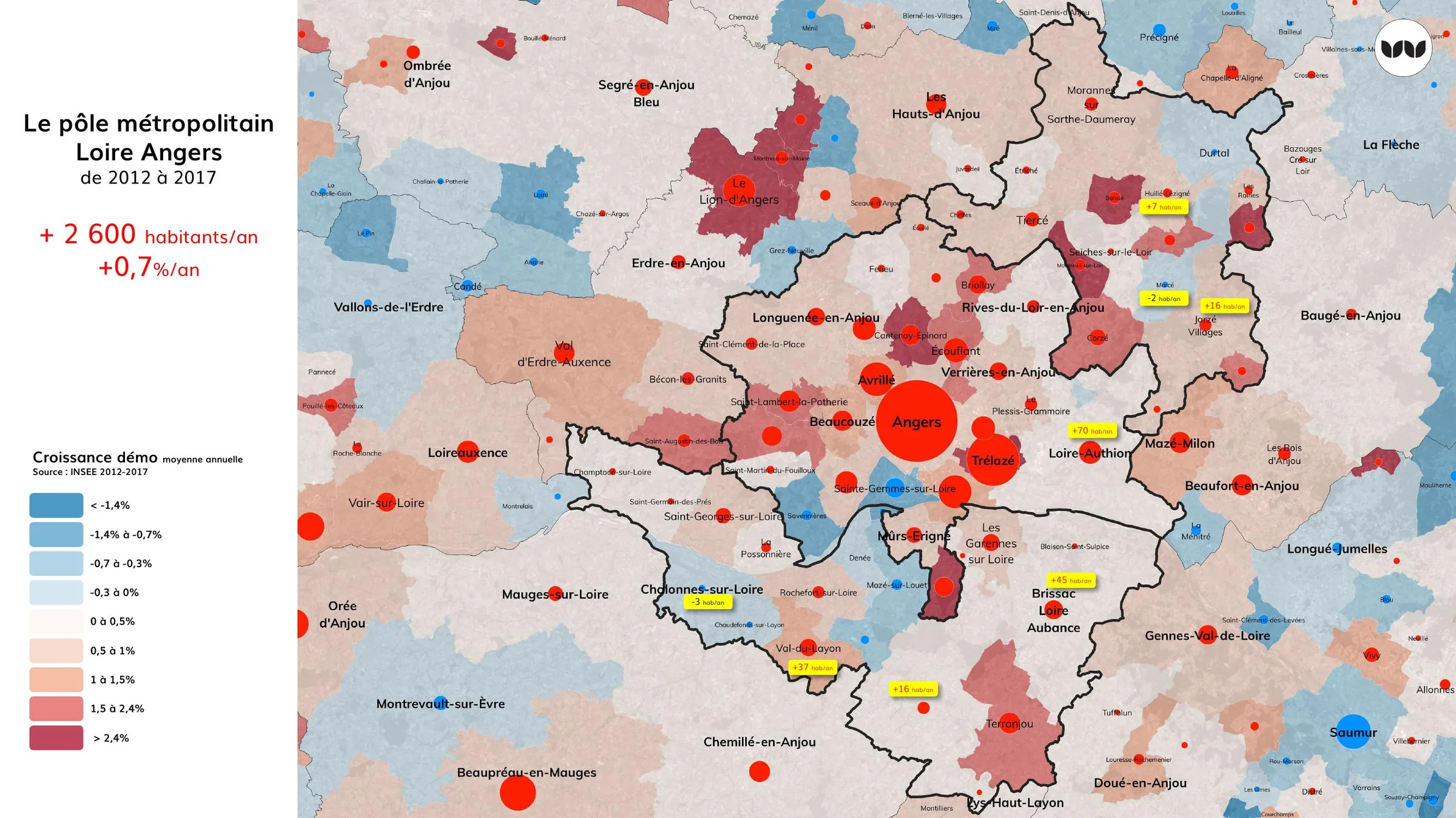 Croissance démographique annuelle moyenne par commune, 2012-2017