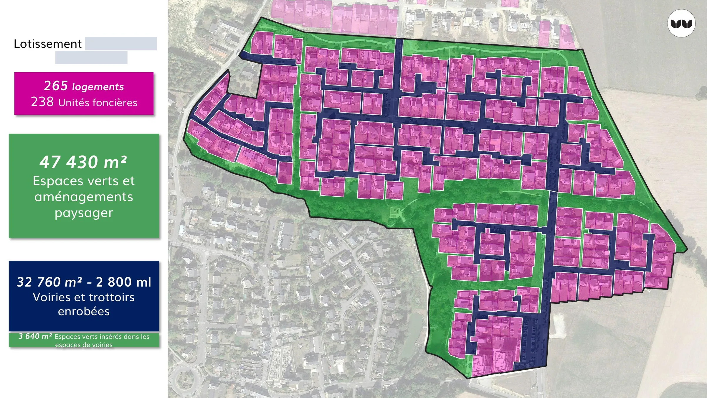 Plan d'un lotissement de 265 logements avec espaces verts et voiries