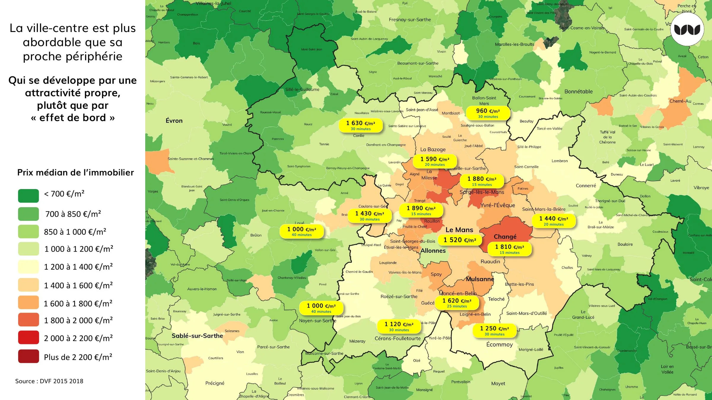 Prix médian de l'immobilier par commune, avec temps d'accès au Mans
