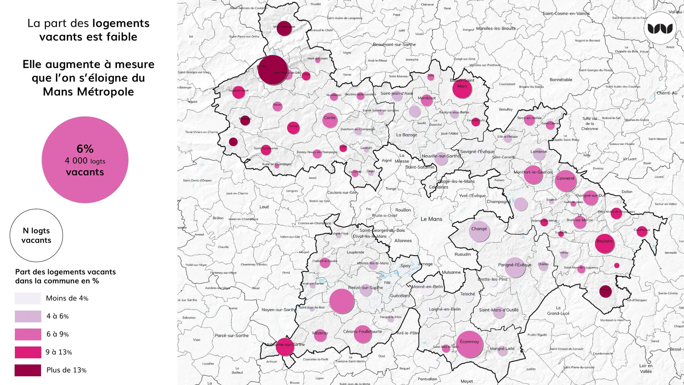 Part des logements vacants par commune, croissante avec l'éloignement du Mans