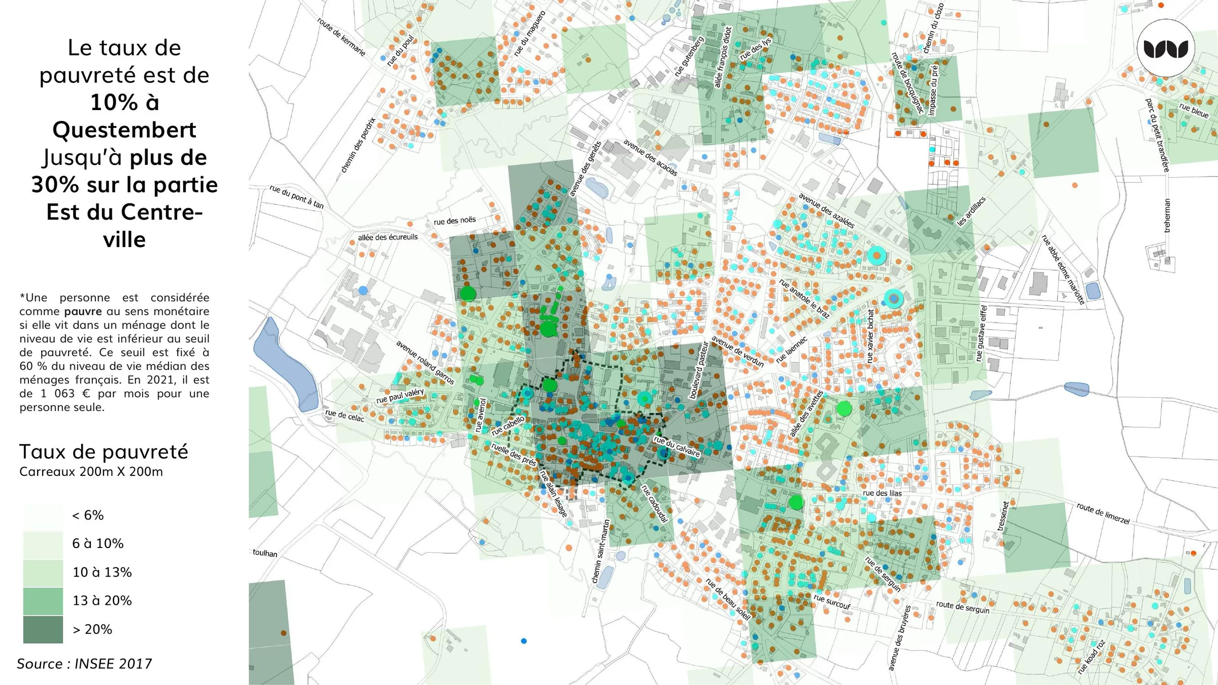 Taux de pauvreté par carreaux de 200 m, concentration à l'Est du centre