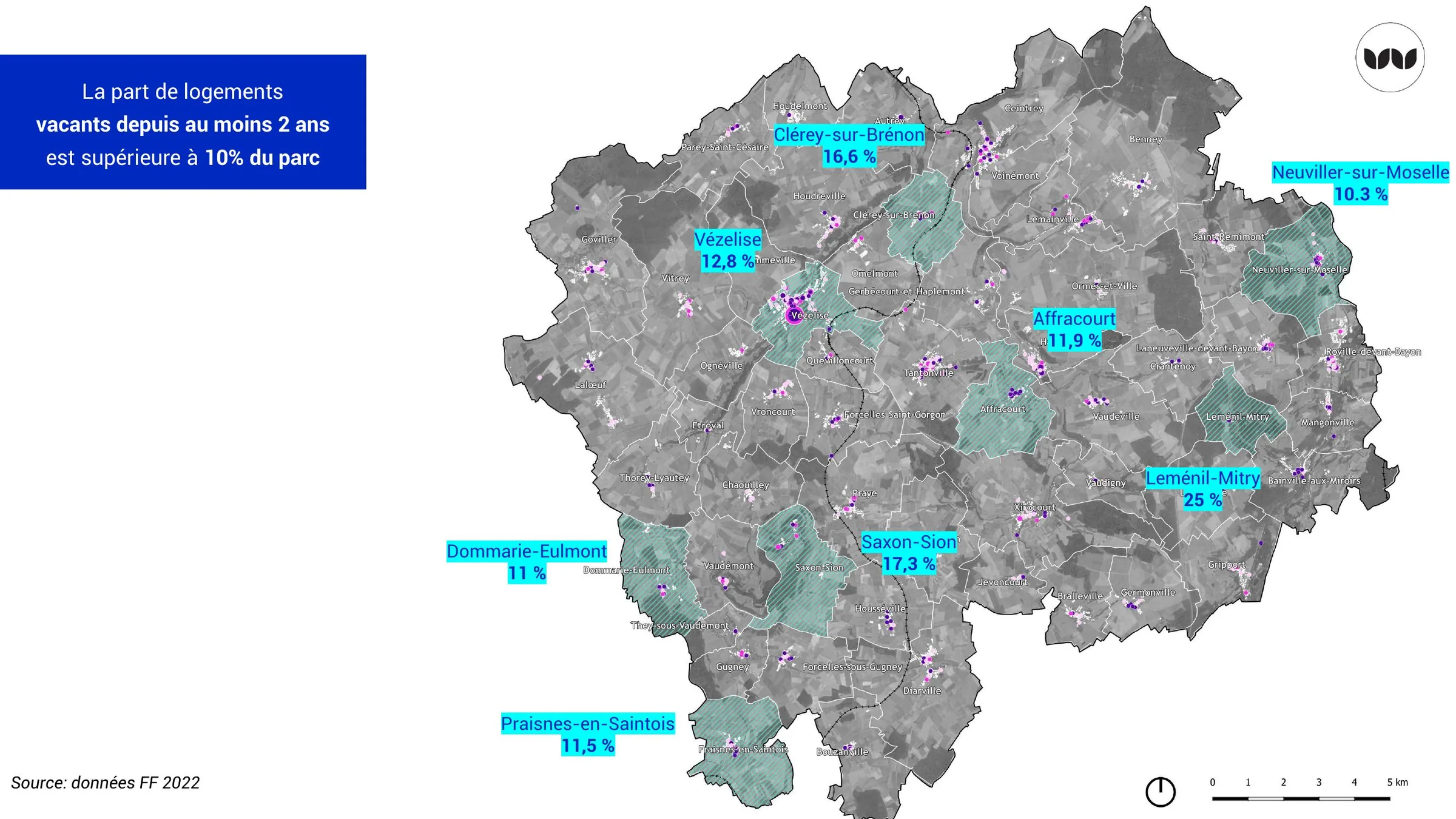 Part des logements vacants depuis plus de 2 ans dans les communes du Saintois