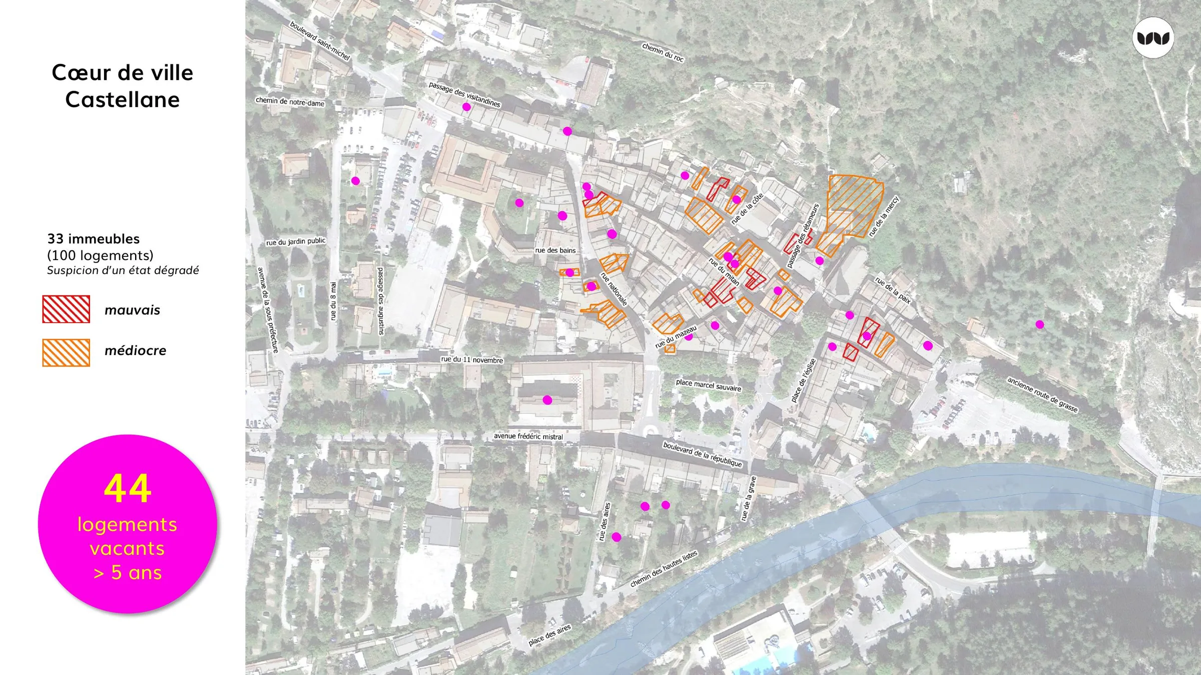 Localisation des logements vacants et du bâti dégradé en cœur de ville de Castellane