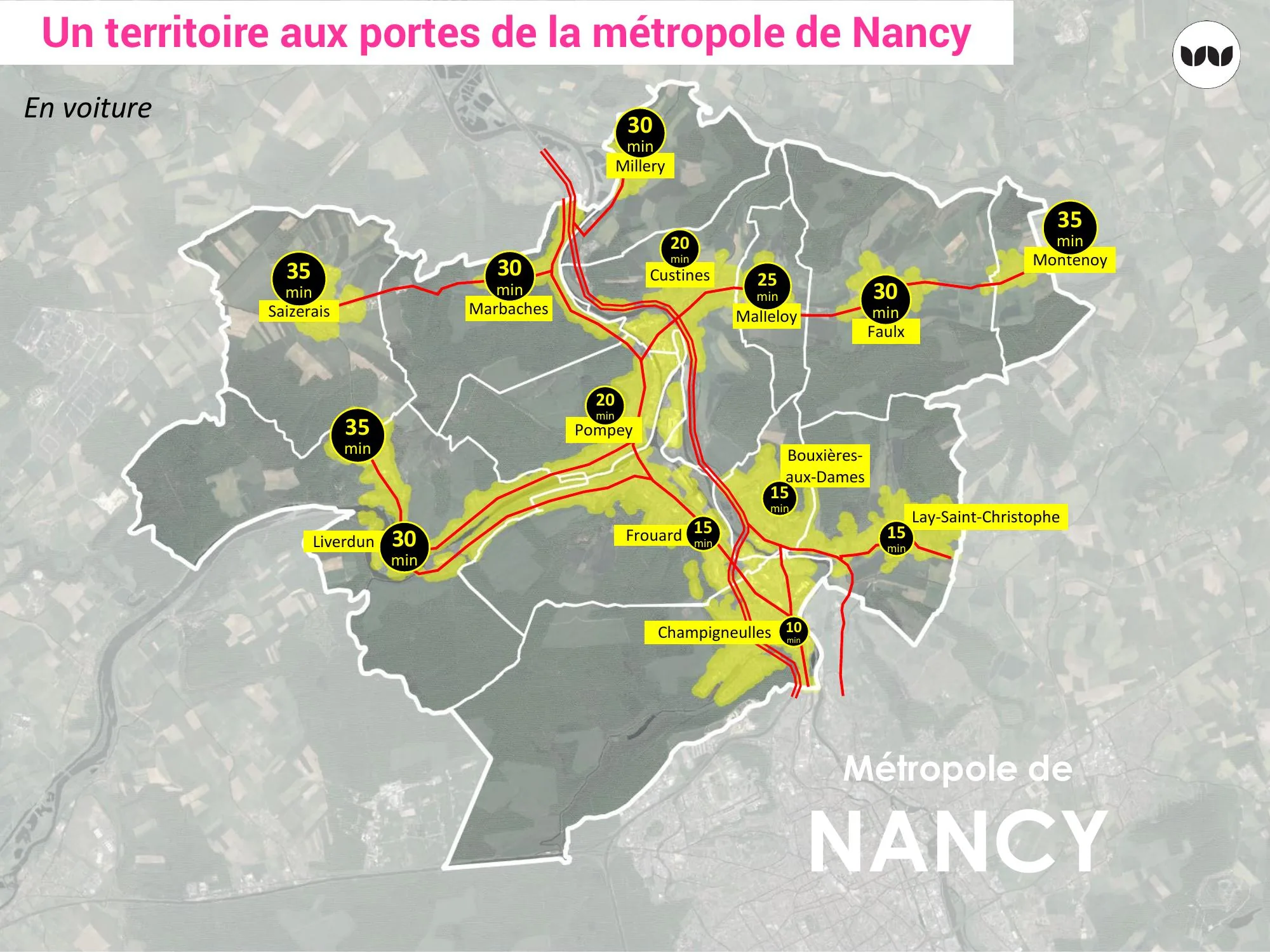 Temps d'accès en voiture aux communes du Bassin de Pompey depuis Nancy