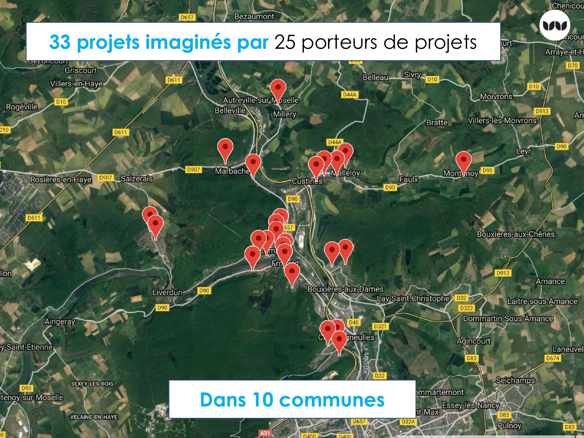 Localisation des 33 projets imaginés par les porteurs de projets