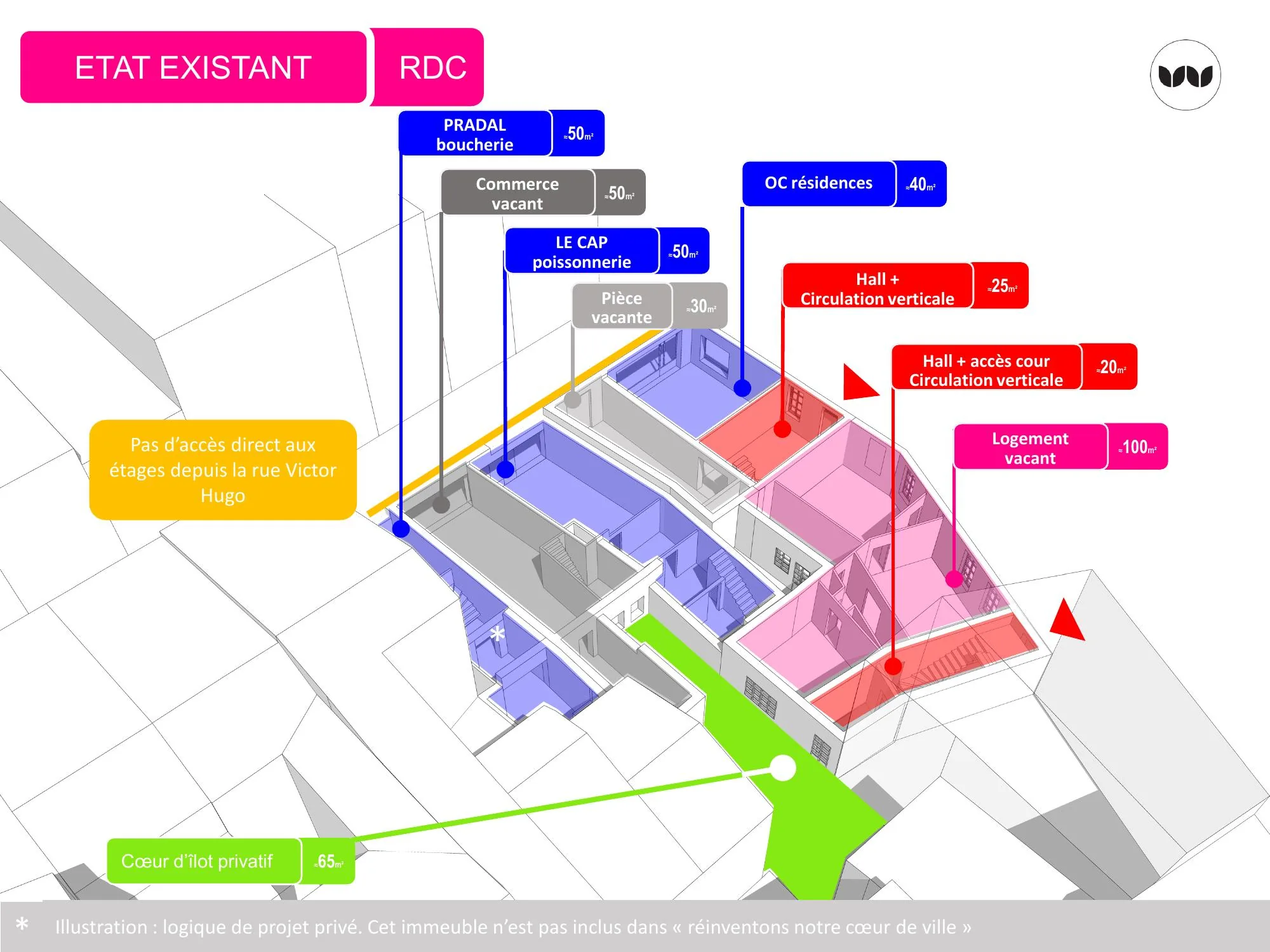 Plan du rez-de-chaussée existant avec commerces et logement vacant
