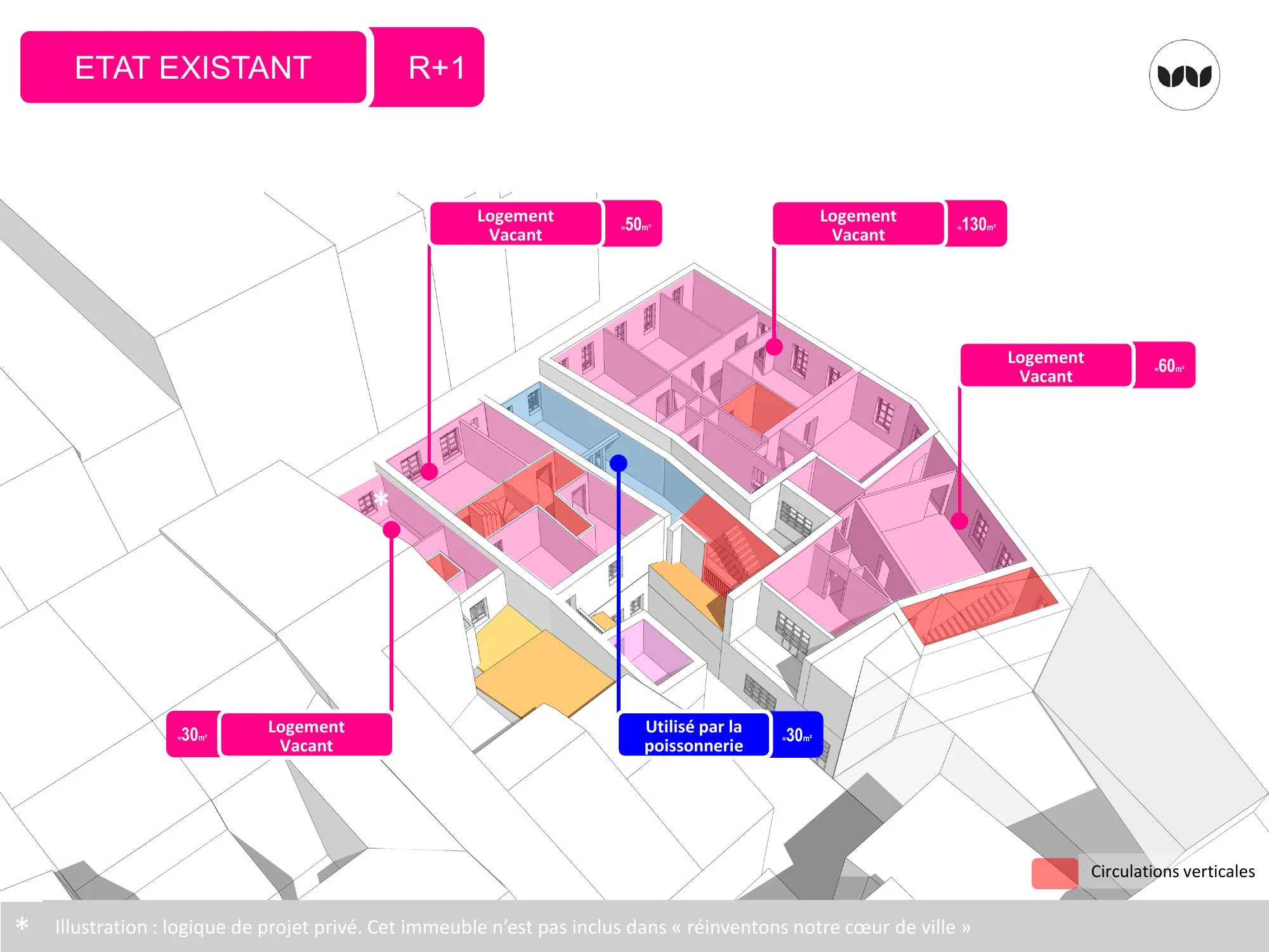 Plan du premier étage existant, logements vacants et circulations