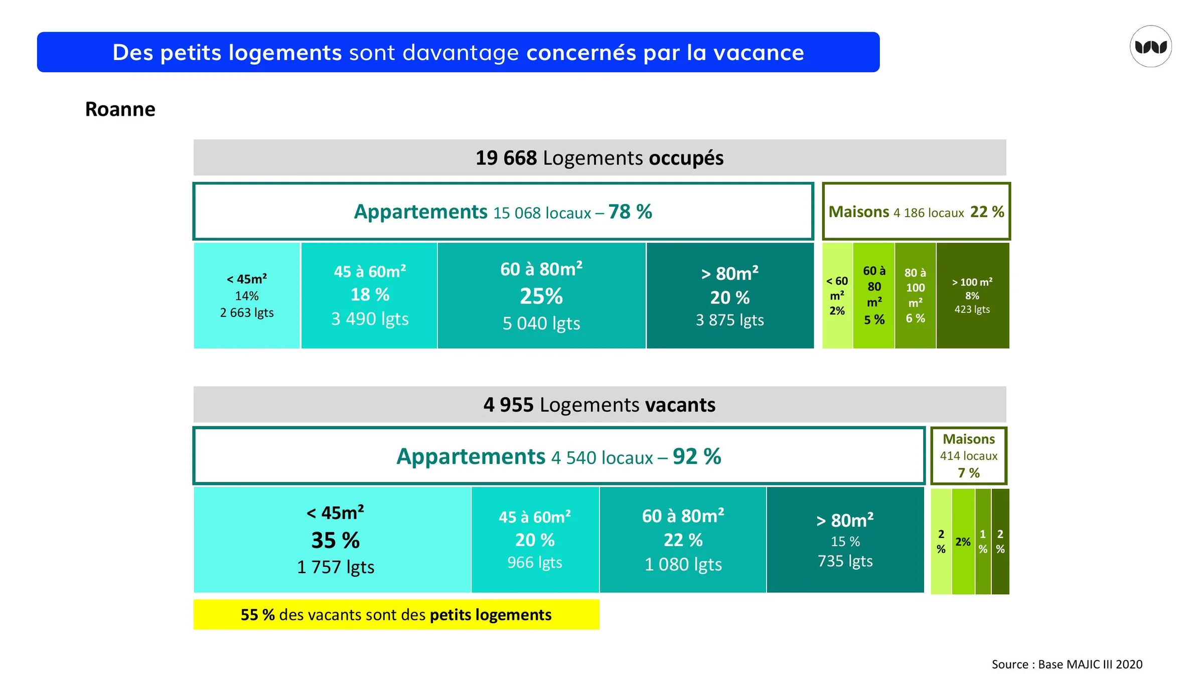 Taille des logements occupés et vacants à Roanne, par type de bien