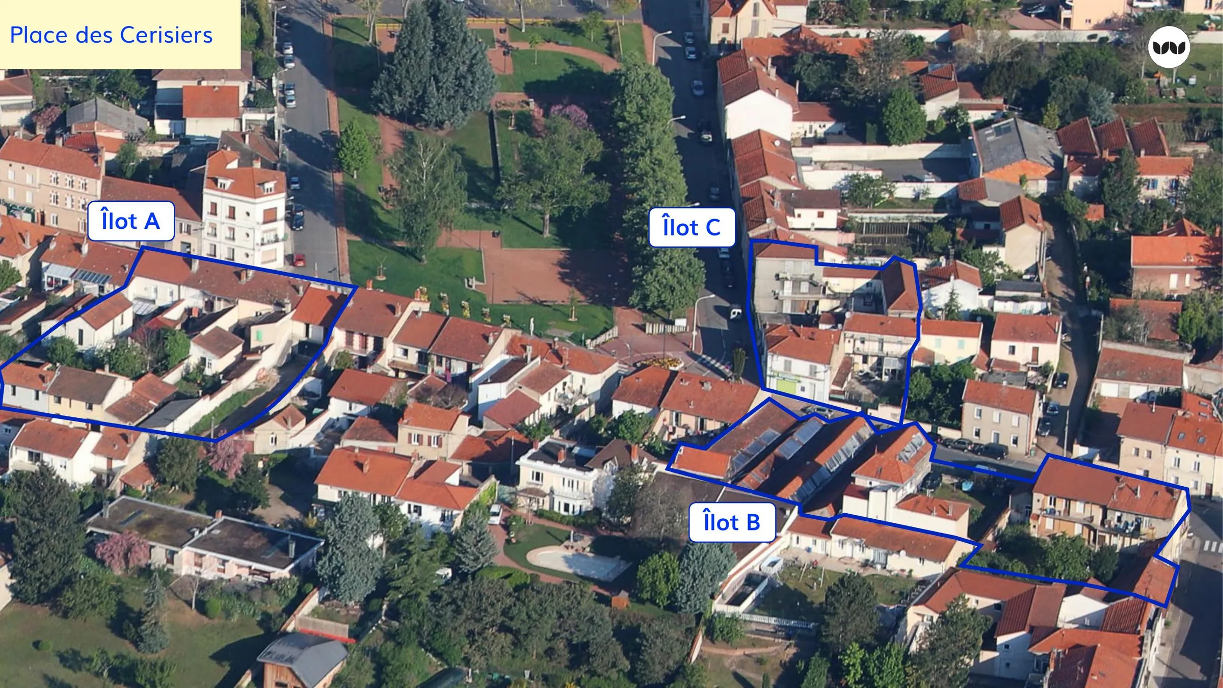 Vue aérienne des îlots A, B et C autour de la Place des Cerisiers
