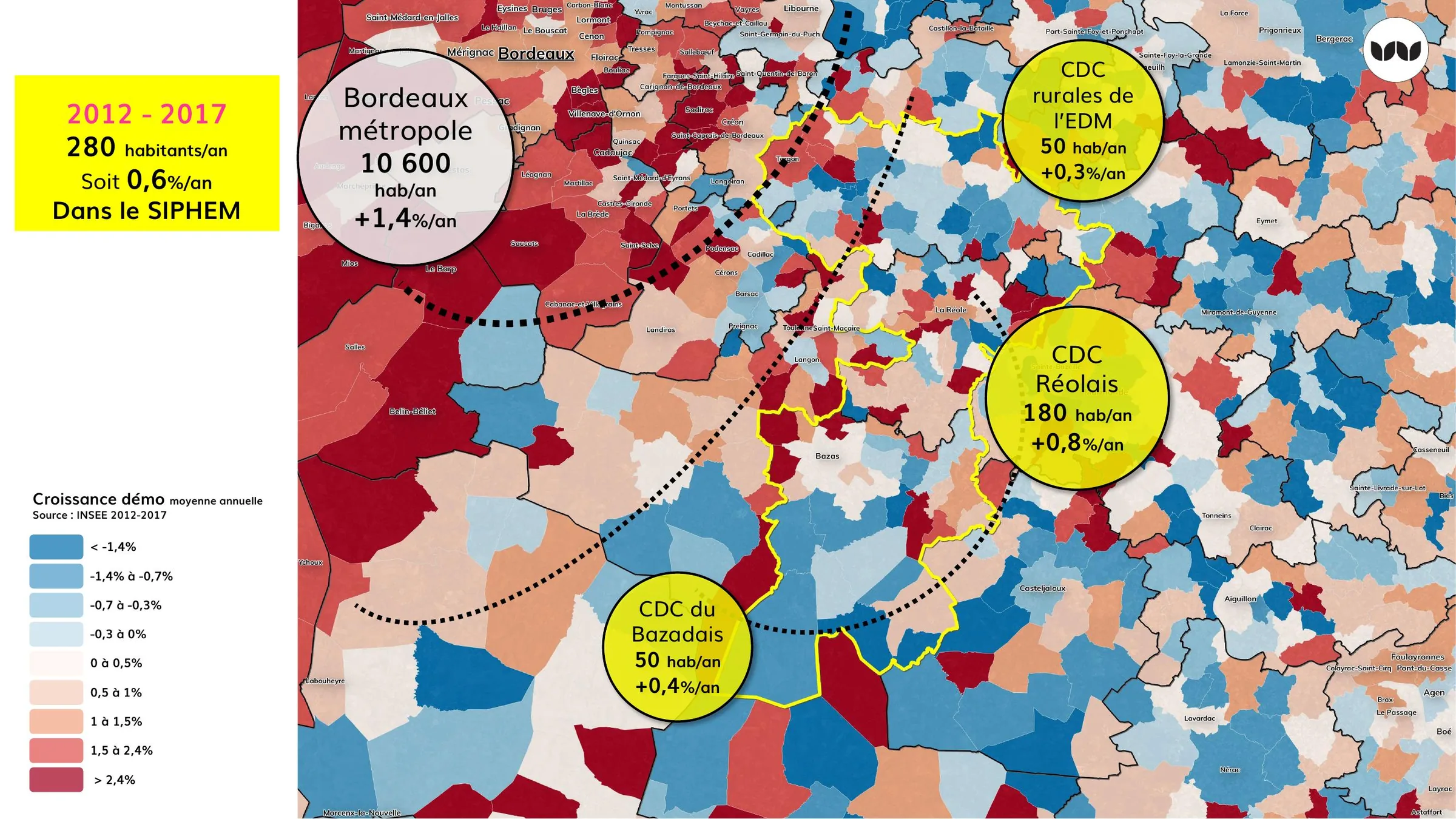 Croissance démographique annuelle 2012-2017 par intercommunalité du SIPHEM